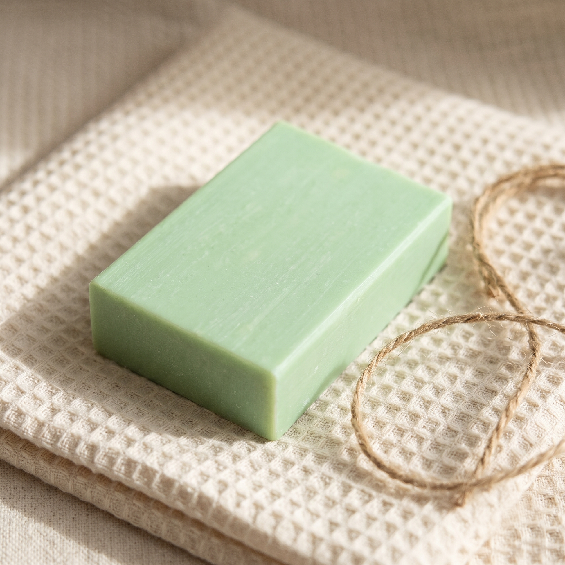 Aloe Vera Soap on a folded cotton waffle towel with a loop of jute twine, styled as a gift
