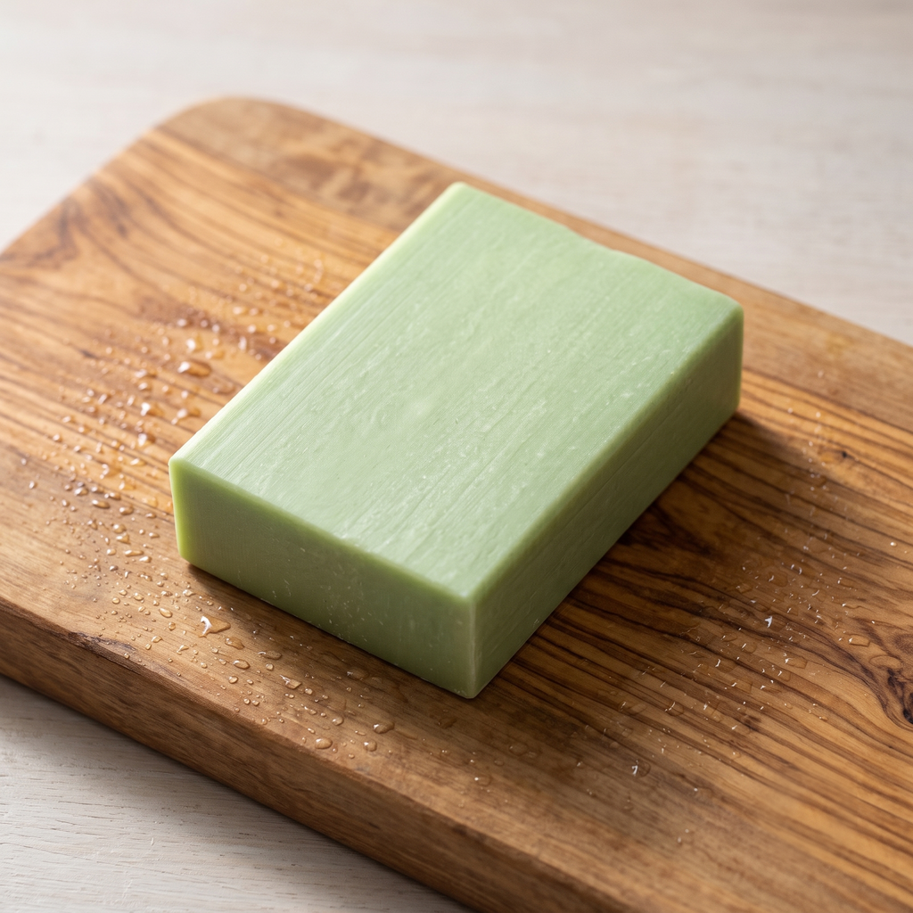 Aloe Vera Soap on a rustic olive wood board with water droplets across the grain
