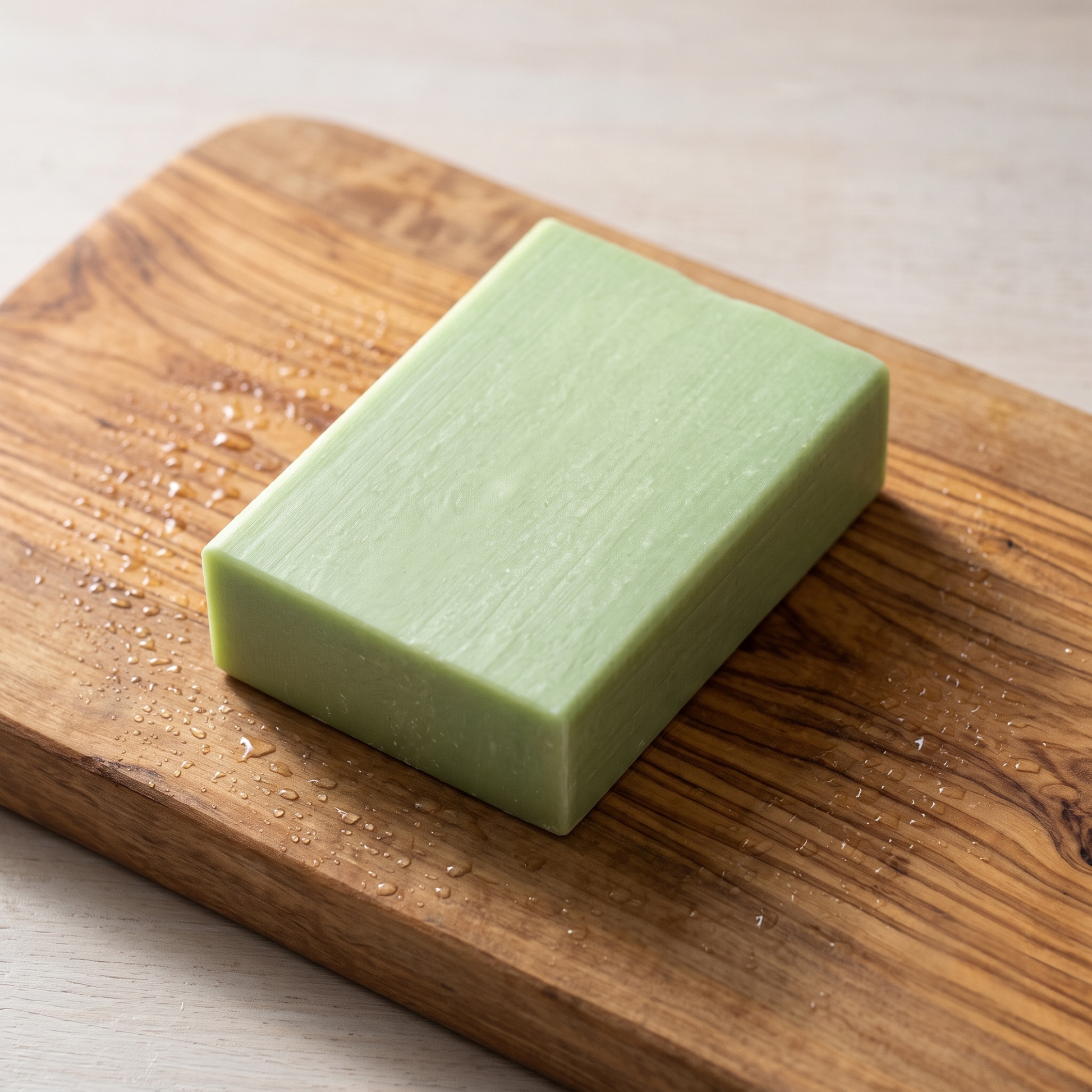 Aloe Vera Soap on a rustic olive wood board with water droplets across the grain