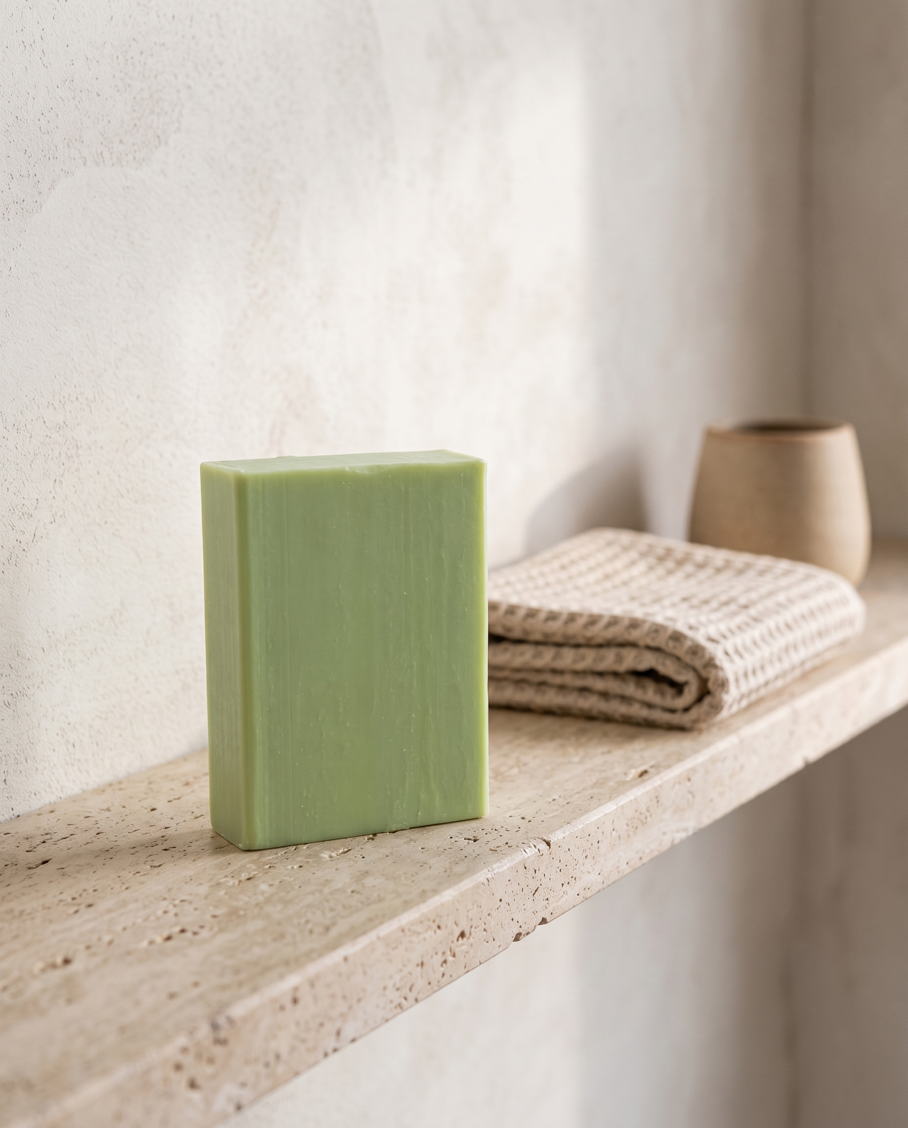 Aloe Vera Soap on a stone bathroom shelf beside a folded waffle cotton towel