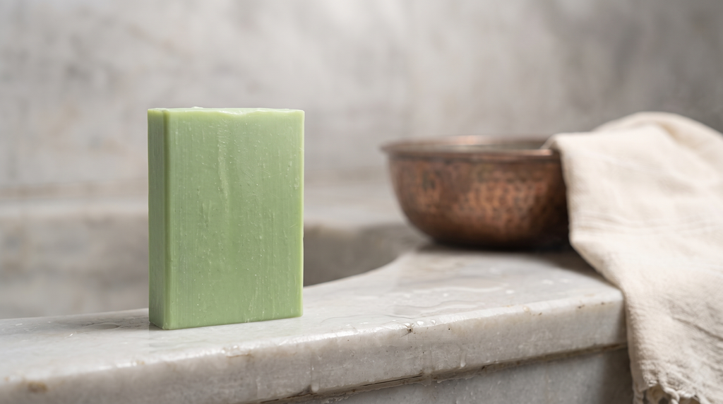 Aloe Vera Soap on the marble edge of a Turkish hammam basin with a hammered copper bowl