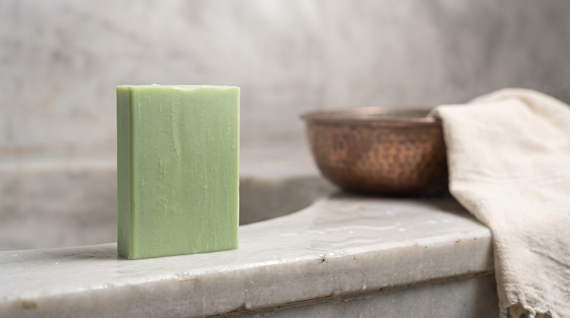 Aloe Vera Soap on the marble edge of a Turkish hammam basin with a hammered copper bowl