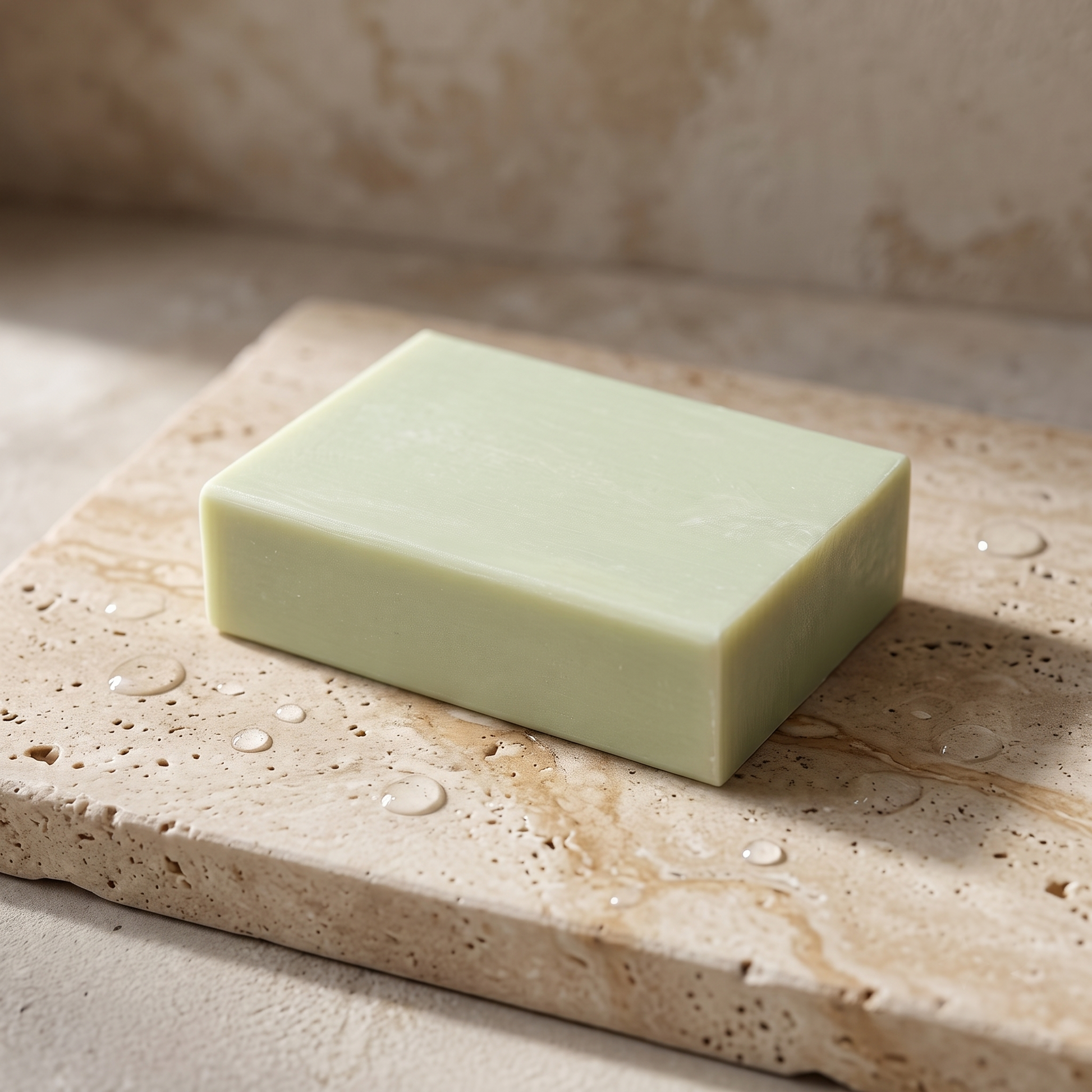 Aloe Vera Soap resting on a travertine stone slab scattered with water droplets