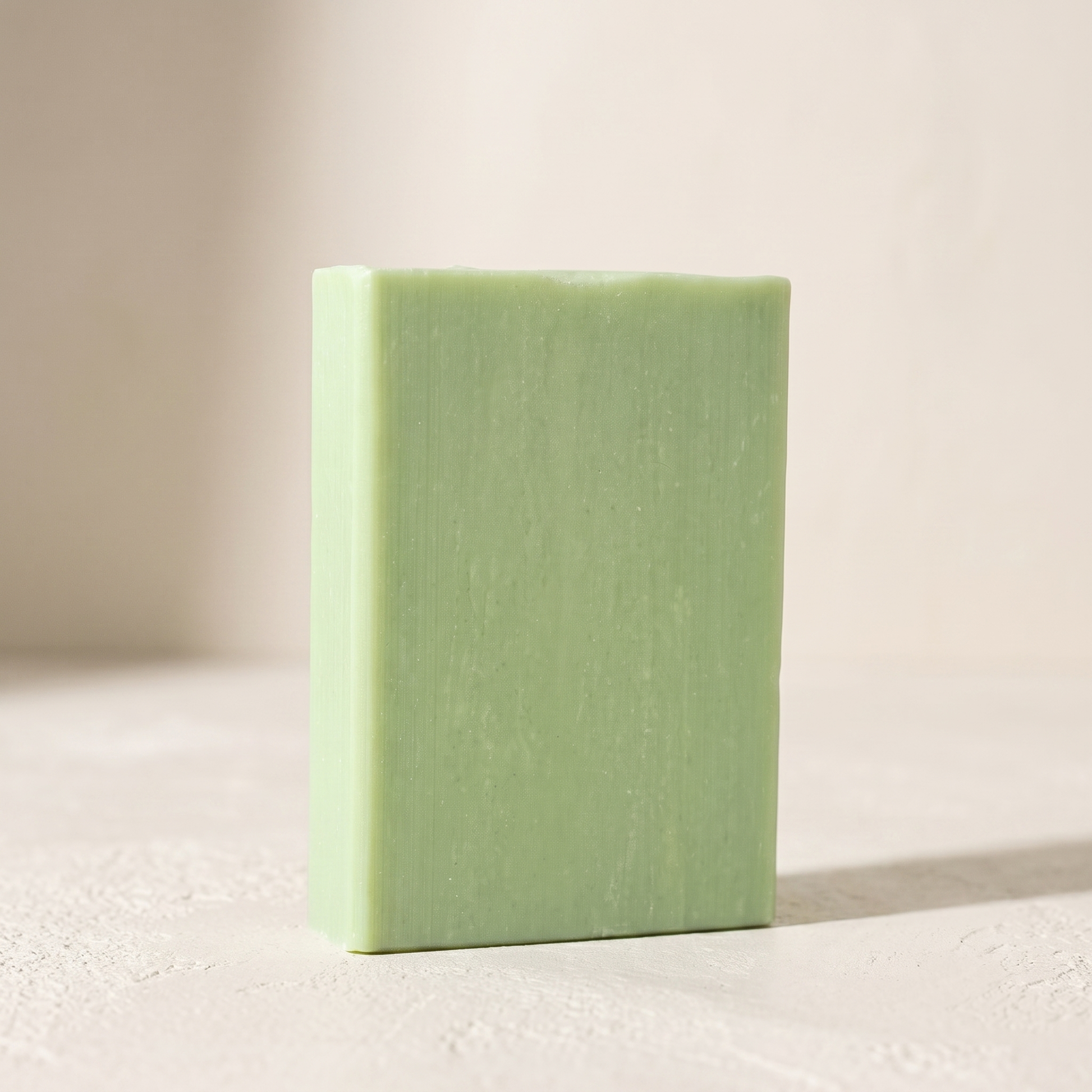 Aloe Vera Soap standing on edge against a warm off-white backdrop, showing its hand-cut thickness