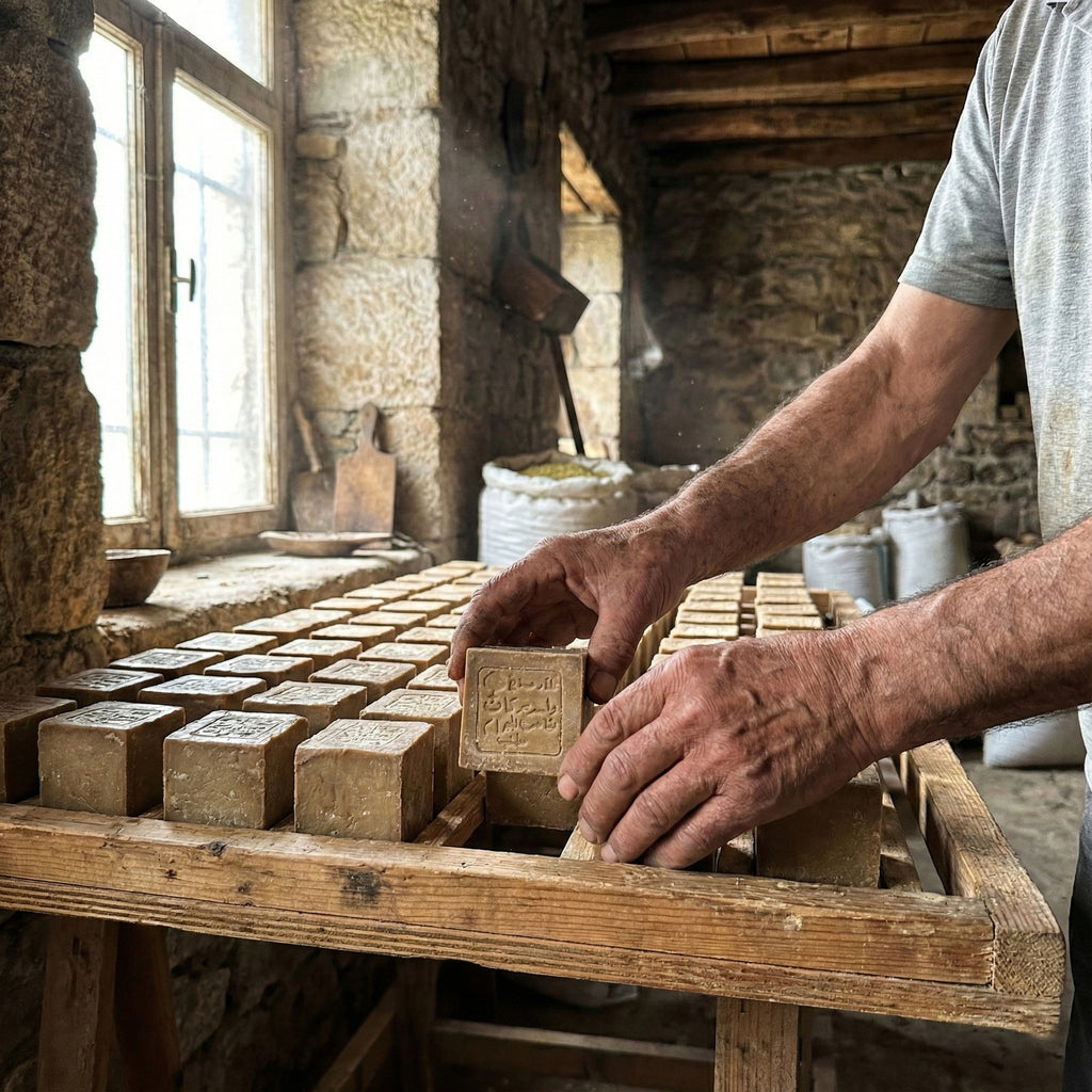 An artisan's hands hold a block of stamped Aleppo soap over a wooden rack filled with drying soap in a rustic workshop