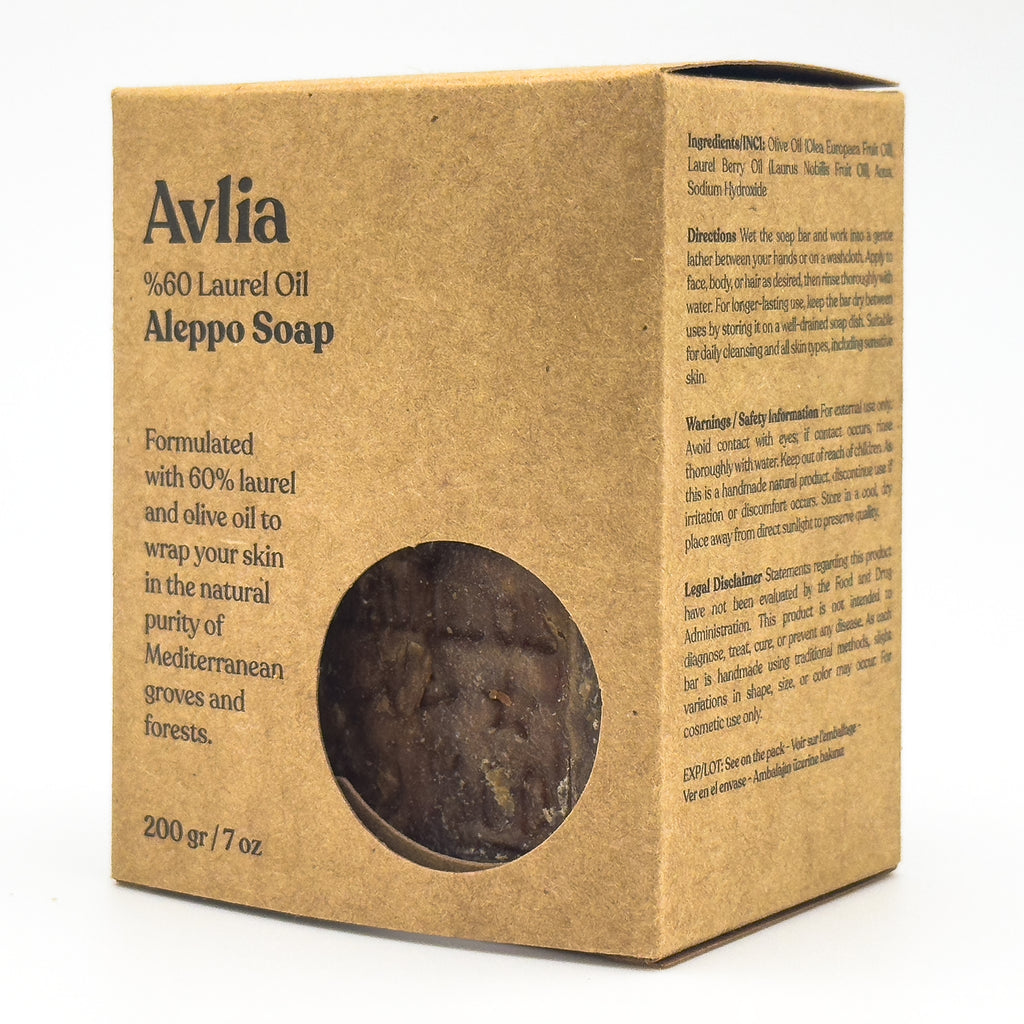 Angled view of Avlia soap packaging showing ingredients list, directions, and product details on the side panel