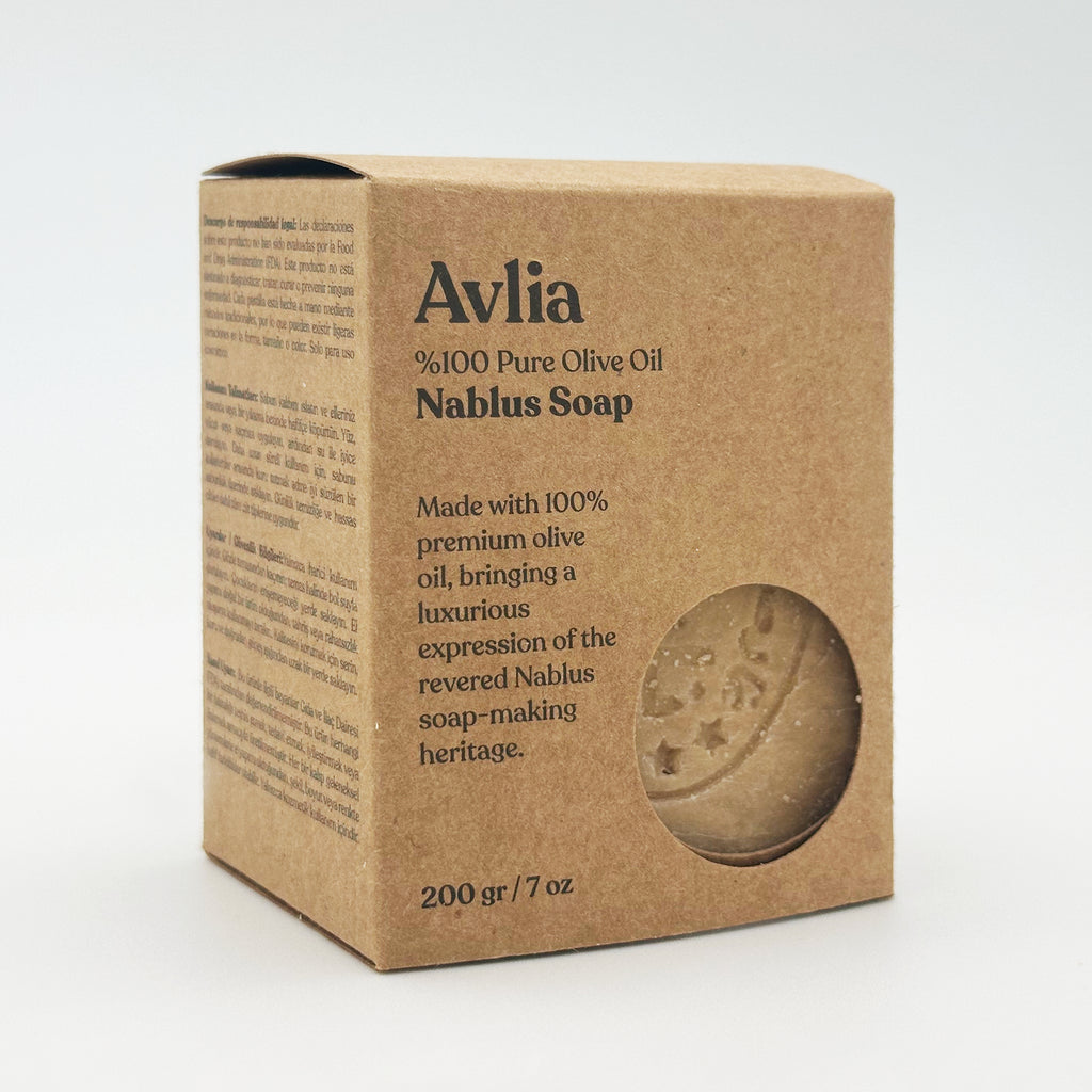 Angled view of the Avlia Nablus soap box packaging with a circular window