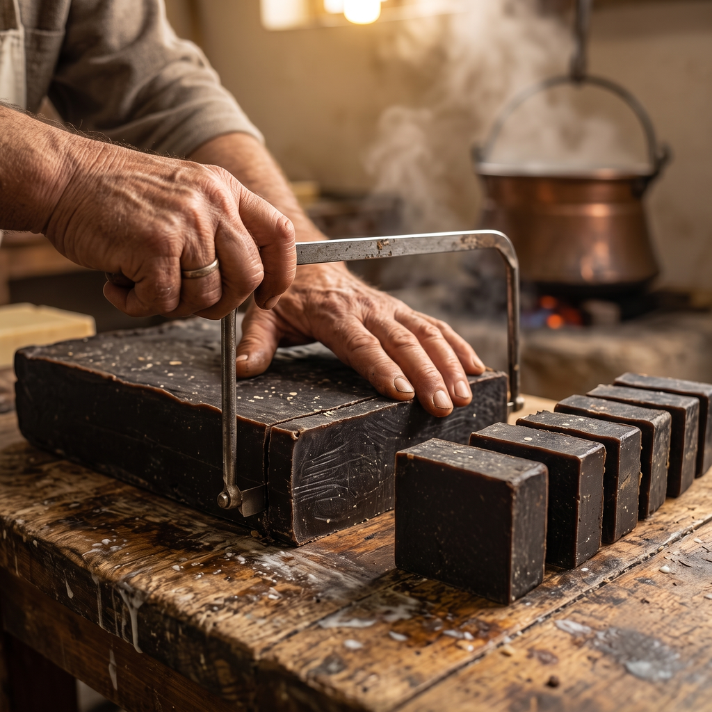 Artisan hand-cutting Avlia Pine, Juniper Tar & Sulfur Soap blocks in a traditional Anatolian workshop — cauldron-made natural soap