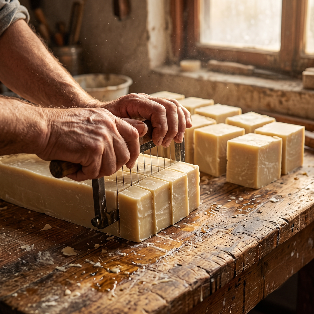 Artisan hands wire-cutting Avlia Turkish Hammam Soap into blocks in a traditional workshop — handmade kettle-boiled olive oil soap