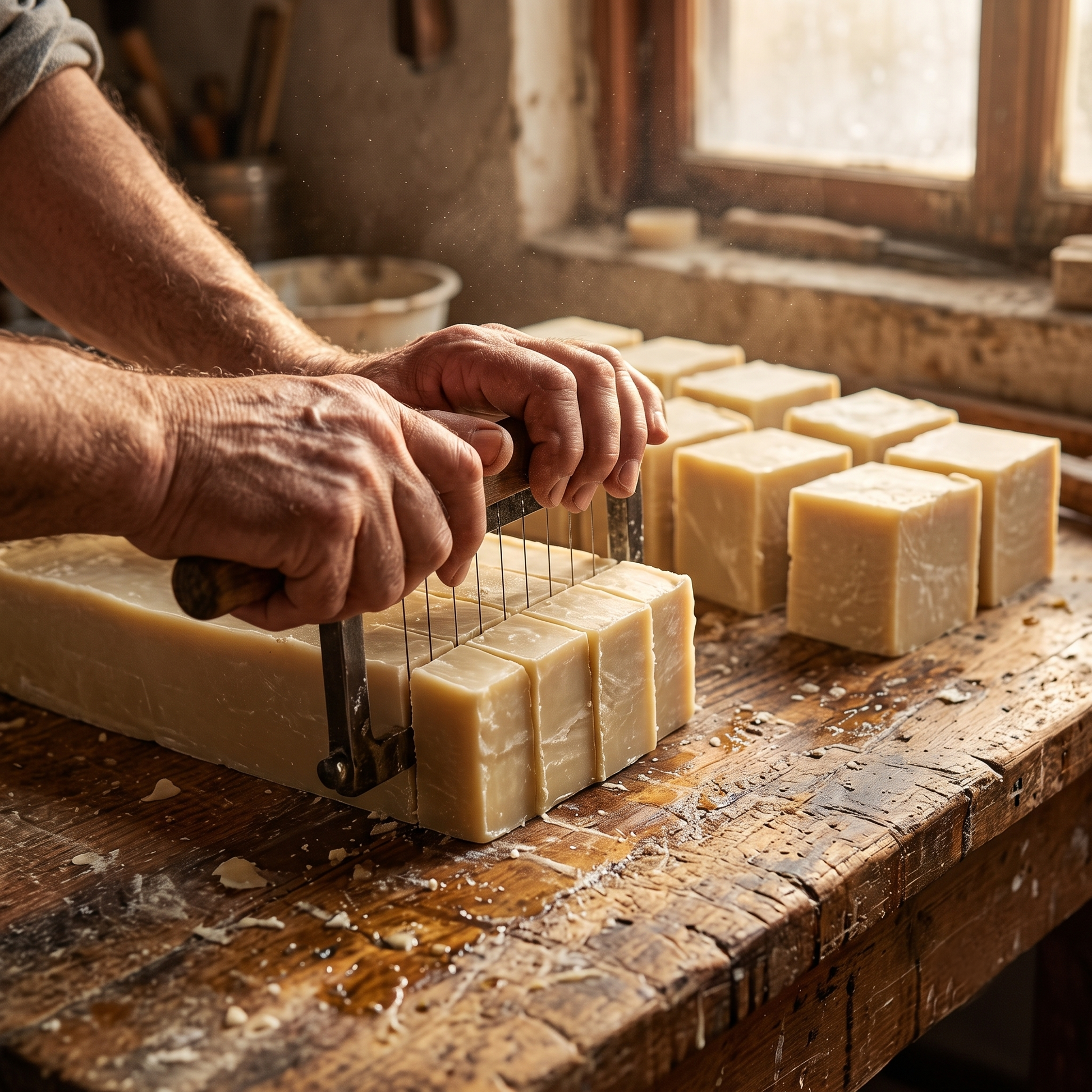 Artisan hands wire-cutting Avlia Turkish Hammam Soap into blocks in a traditional workshop — handmade kettle-boiled olive oil soap