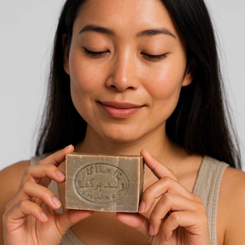 Asian woman holds Avlia extra virgin olive oil Aleppo soap bar