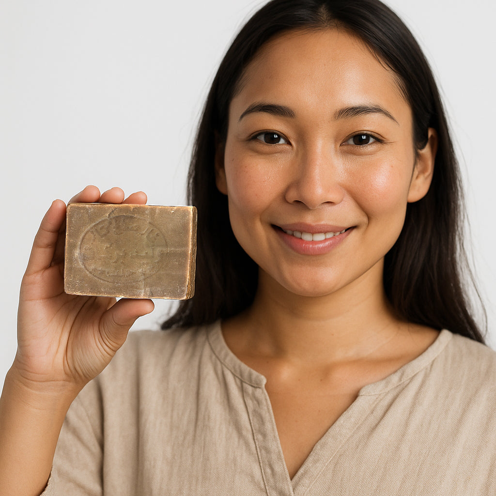Asian woman holds premium Aleppo soap with pure olive oil