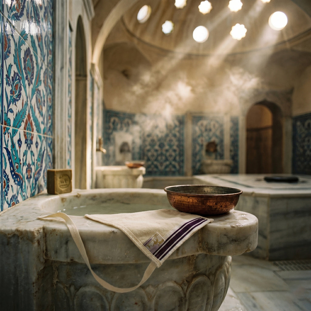 A thin rectangular cream krep-fabric Turkish exfoliating mitt with softly rounded oval bottom corners, rests flat on the edge of a carved marble washing basin next to a copper hammam bowl