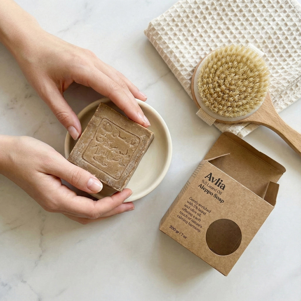A top-down flat lay showing hands holding a bar of stamped Avlia 5% Laurel Oil Aleppo Soap in a small dish, surrounded by its open cardboard packaging, a wooden body brush, and a beige waffle towel on a white marble surface