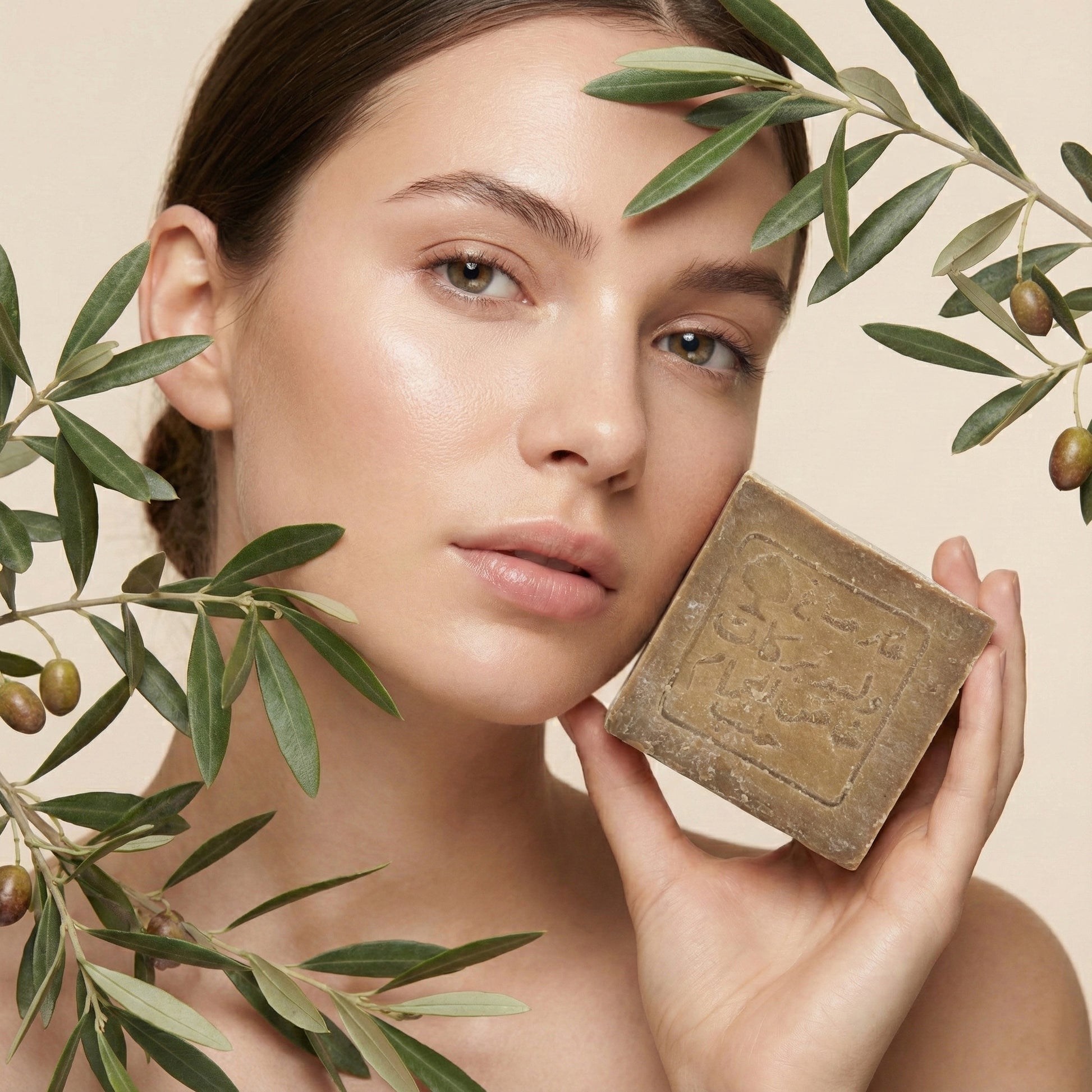 A vertical beauty portrait showing a woman with glowing, natural skin holding a stamped bar of traditional Aleppo soap near her cheek, framed by fresh olive branches against a beige background