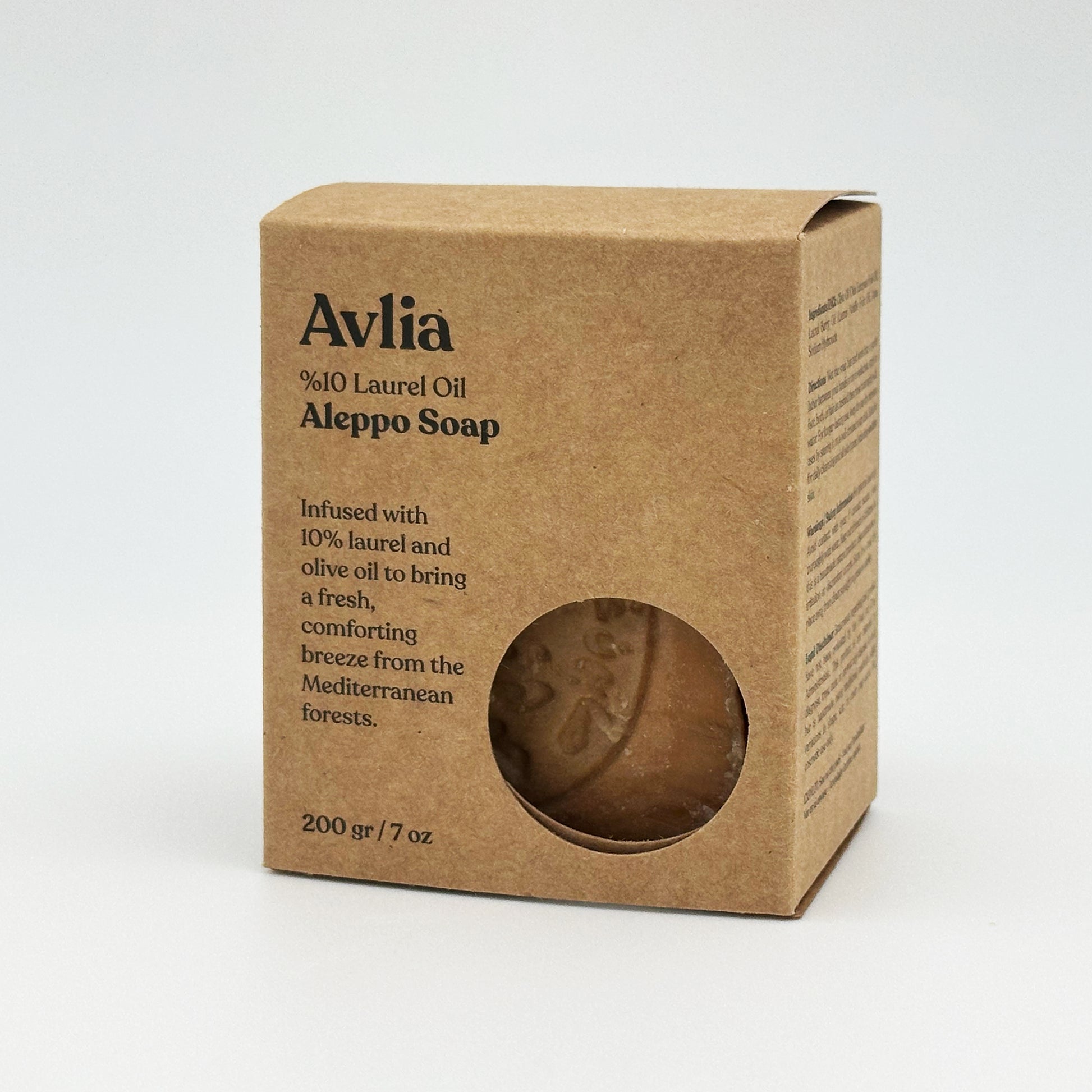 Avlia 10% Laurel Oil Aleppo Soap packaged in a kraft box with a cutout window revealing the soap inside, angled view