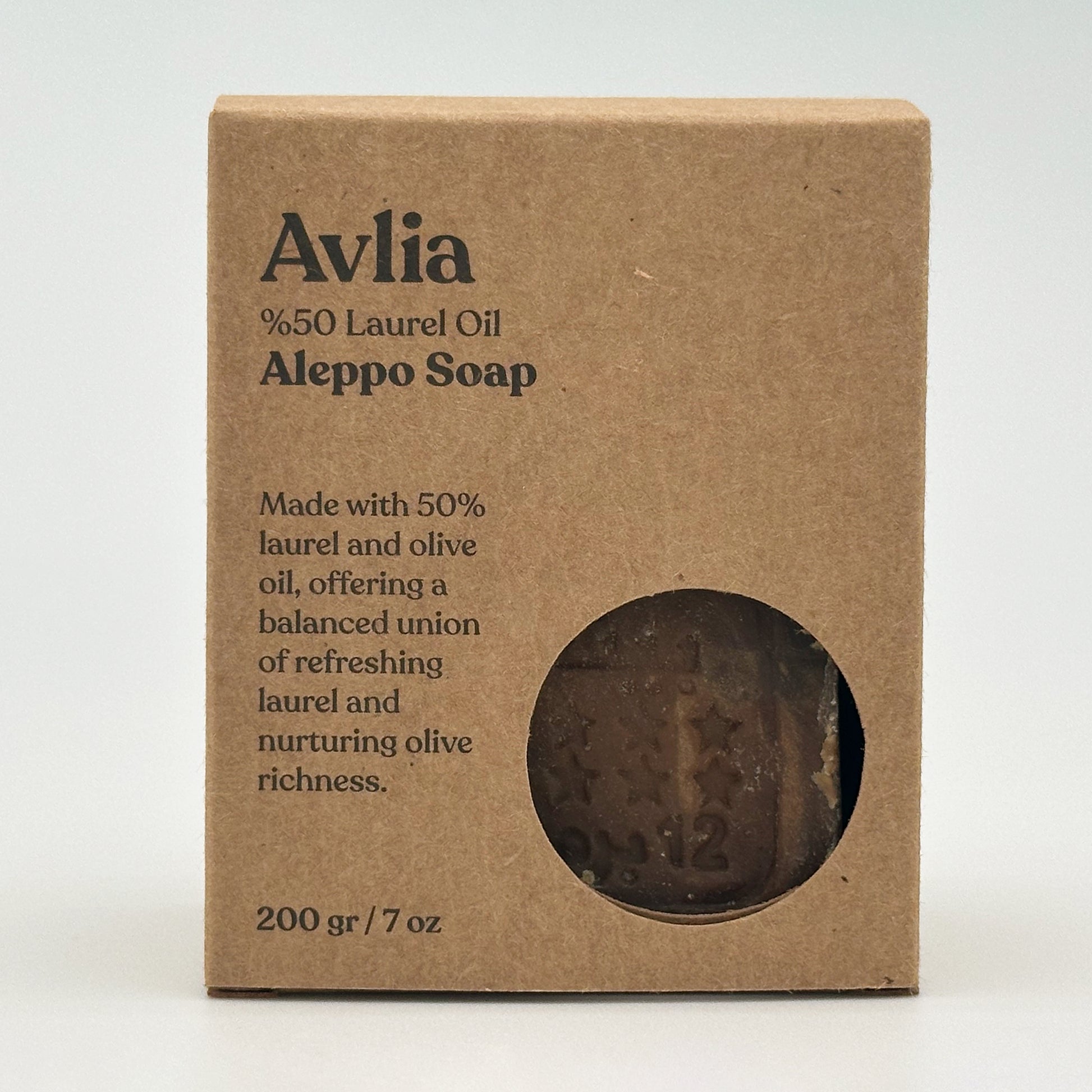 Avlia 50% Laurel Oil Aleppo Soap Box with Circular Window - Front View