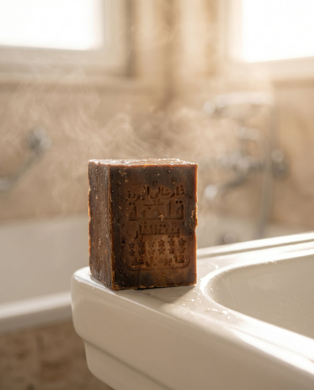 Avlia 50% Laurel Oil Aleppo Soap bar on bathroom sink edge with water mist and steam atmosphere, handmade natural soap, spa self-care setting