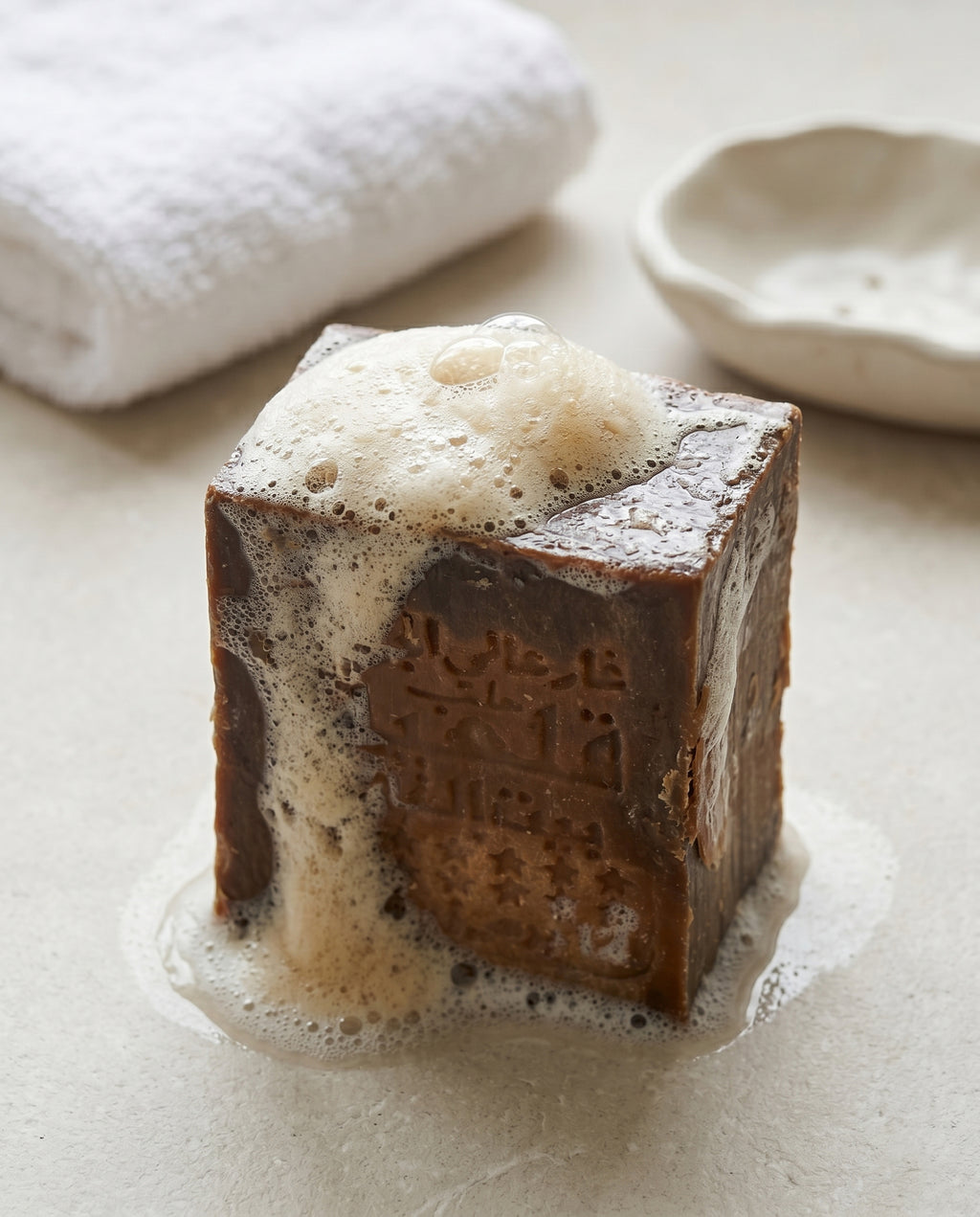 Avlia 50% Laurel Oil Aleppo Soap bar on limestone surface with creamy lather, mid-use natural handmade olive oil soap, spa bathroom setting