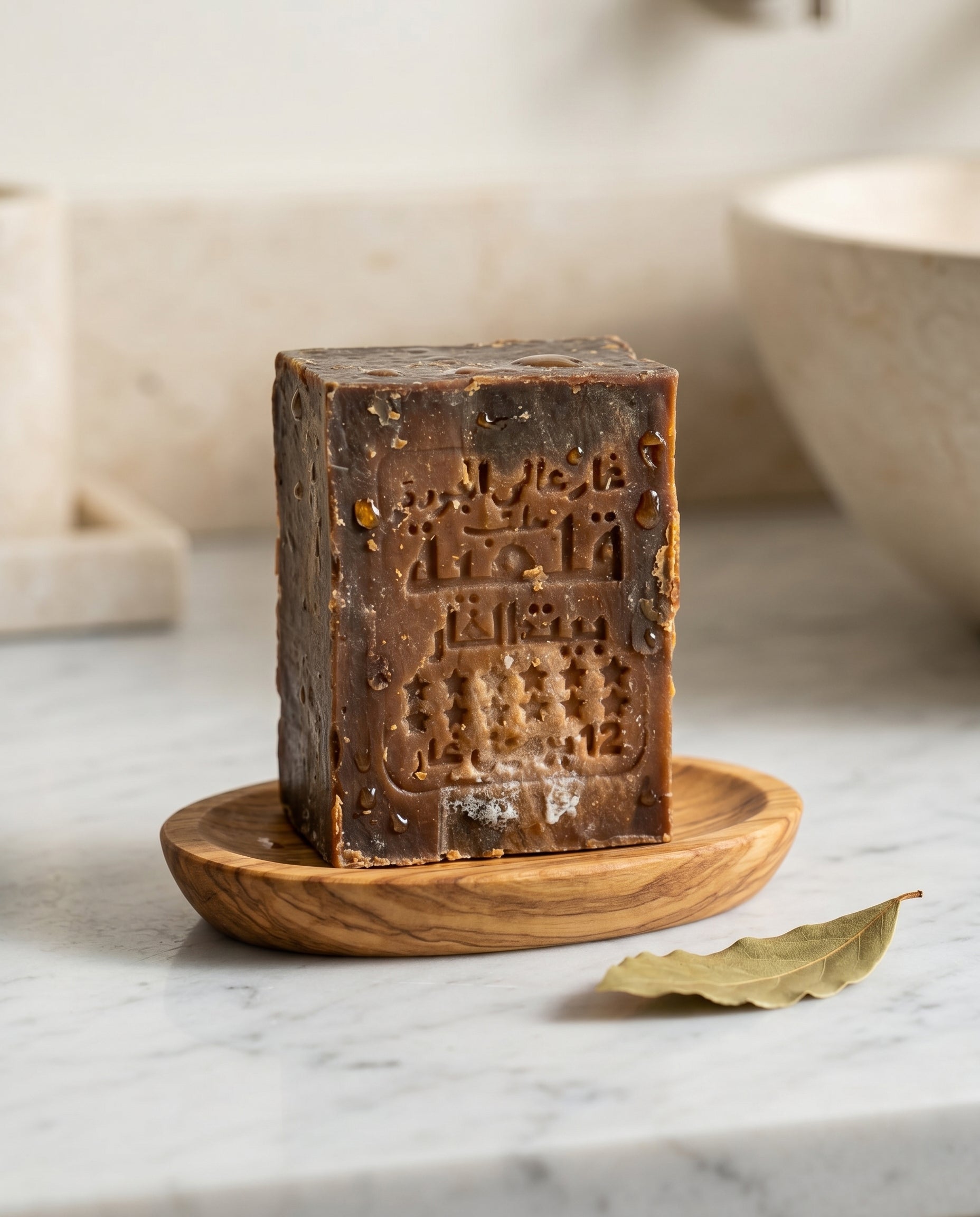 Avlia 50% Laurel Oil Aleppo Soap bar on teak soap dish with bay laurel leaf, dark brown handmade artisan soap, natural morning light bathroom setting