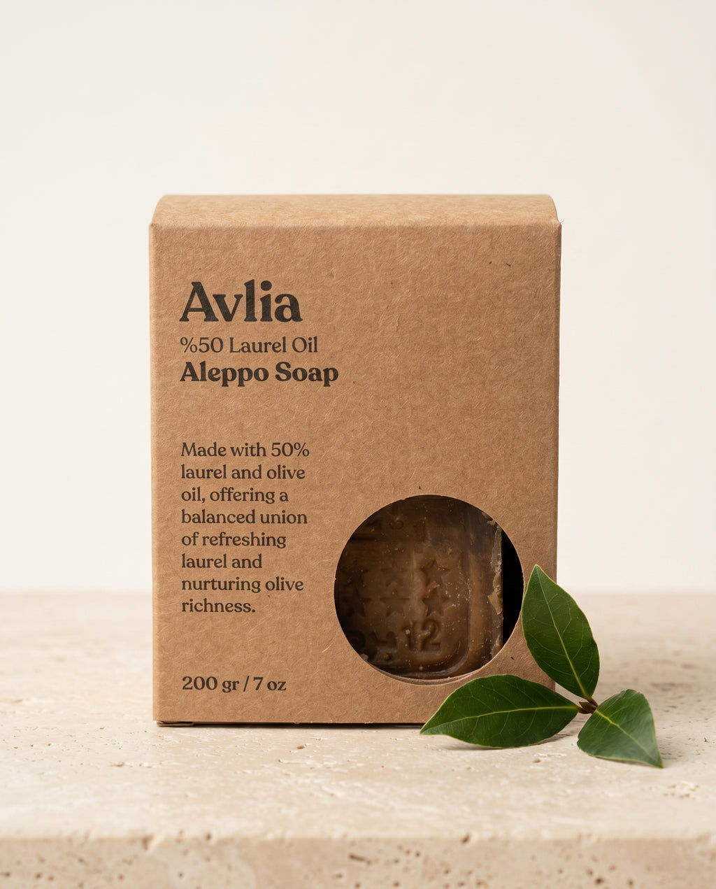 Avlia 50% Laurel Oil Aleppo Soap kraft paper gift box with circular window and bay laurel sprig, eco-friendly natural packaging 200g