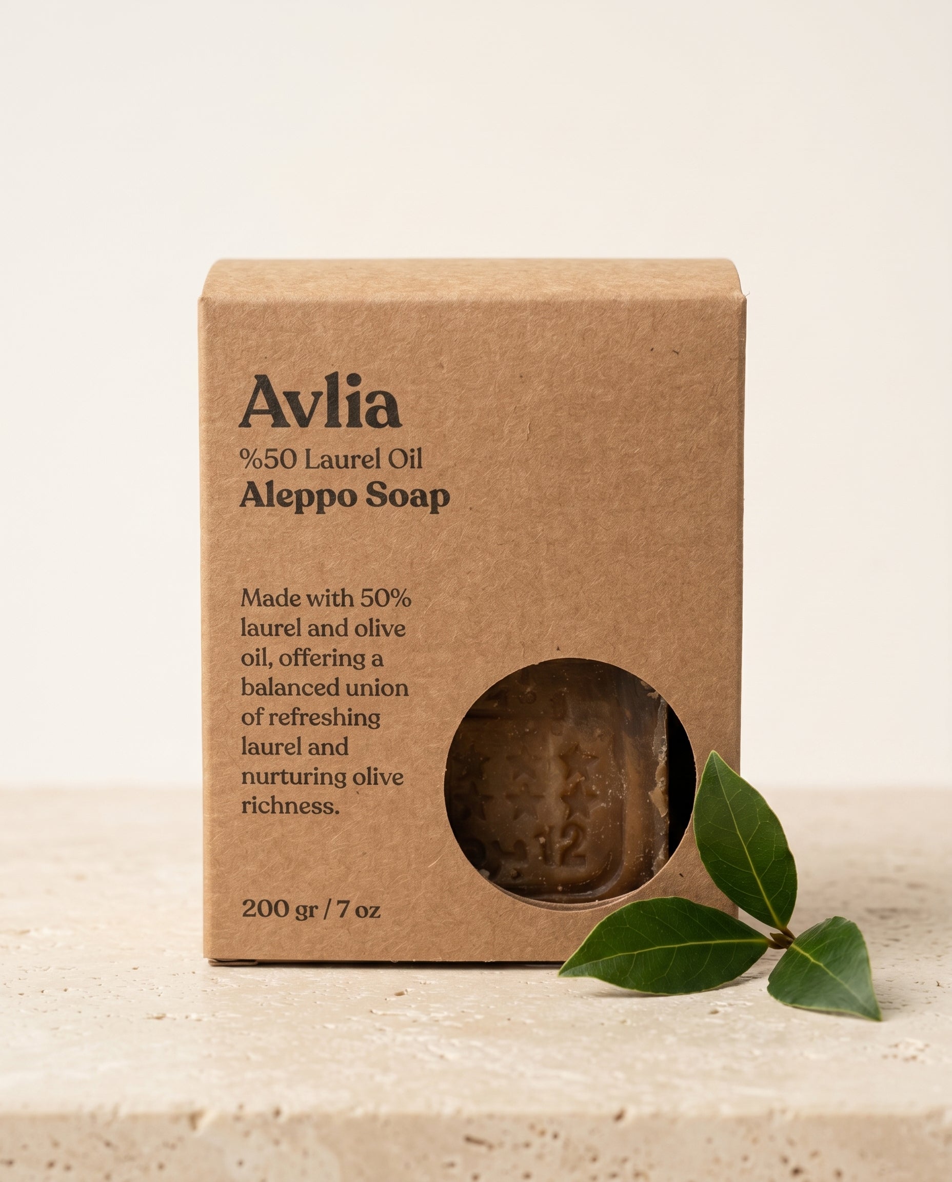 Avlia 50% Laurel Oil Aleppo Soap kraft paper gift box with circular window and bay laurel sprig, eco-friendly natural packaging 200g