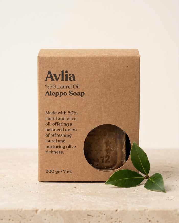 Avlia 50% Laurel Oil Aleppo Soap kraft paper gift box with circular window, eco-friendly packaging 200g