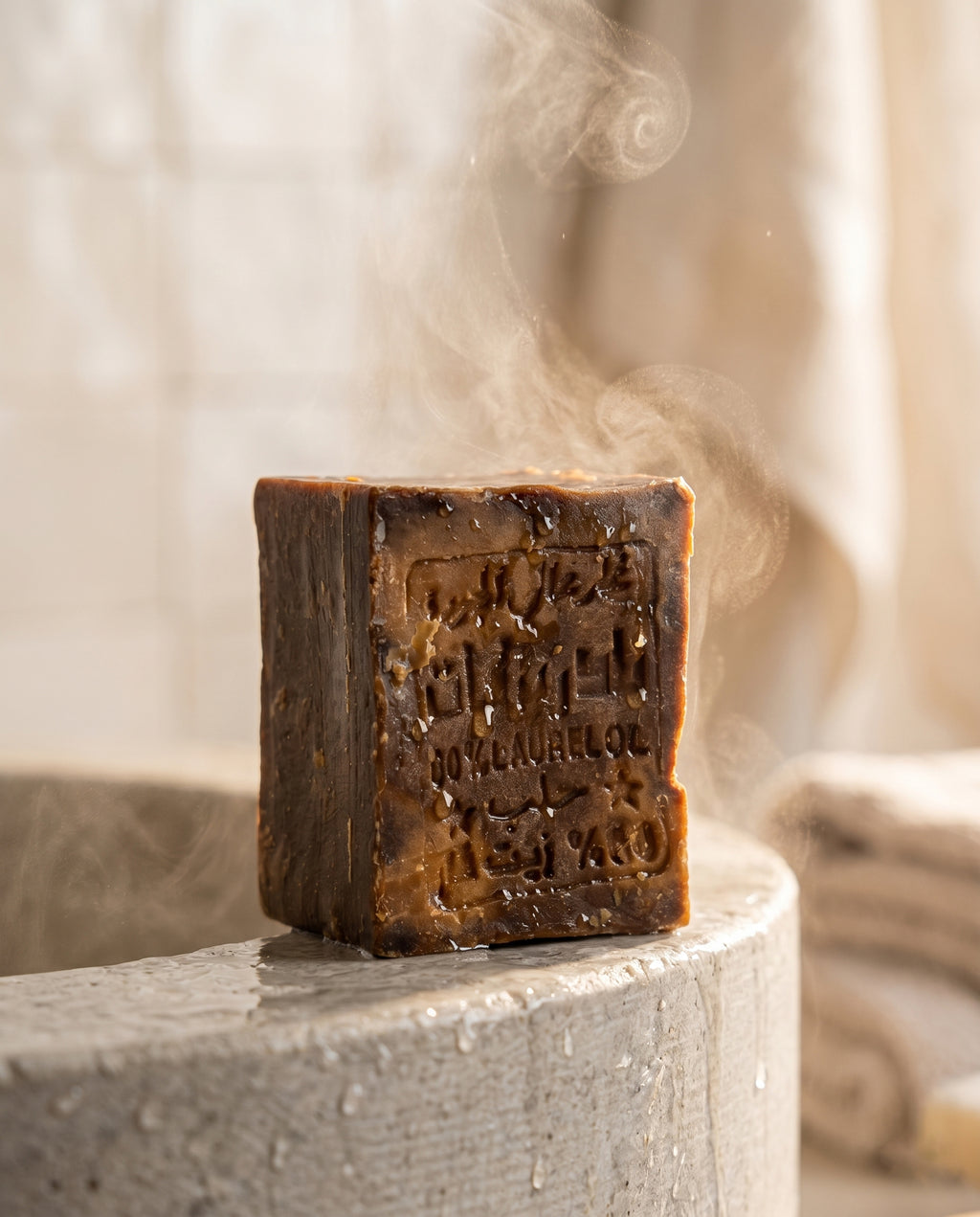 Avlia 60% Laurel Oil Aleppo Soap bar on bathroom sink edge with water mist and steam atmosphere, handmade natural soap, spa self-care setting
