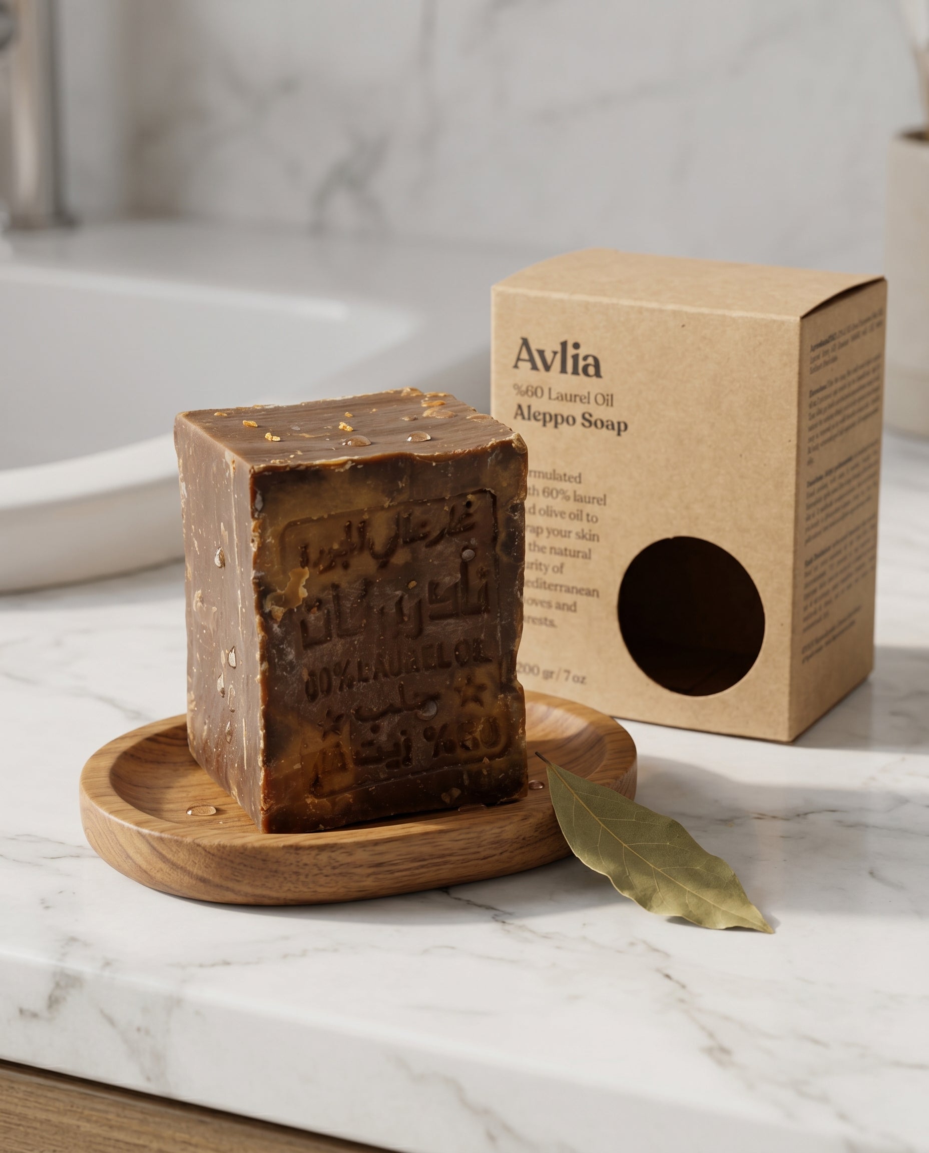 Avlia 60% Laurel Oil Aleppo Soap bar on teak soap dish with bay laurel leaf, dark brown handmade artisan soap, natural morning light bathroom setting