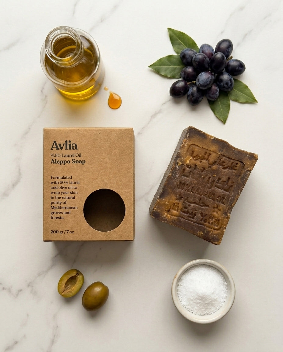 Avlia 60% Laurel Oil Aleppo Soap bar on teak soap dish with bay laurel leaf, dark brown handmade artisan soap, natural morning light bathroom setting