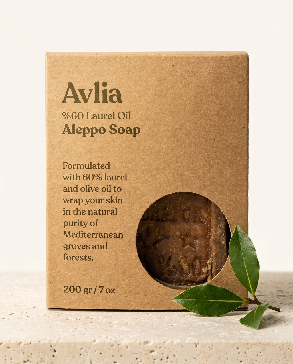 Avlia 60% Laurel Oil Aleppo Soap kraft paper gift box with circular window and bay laurel sprig, eco-friendly natural packaging 200g