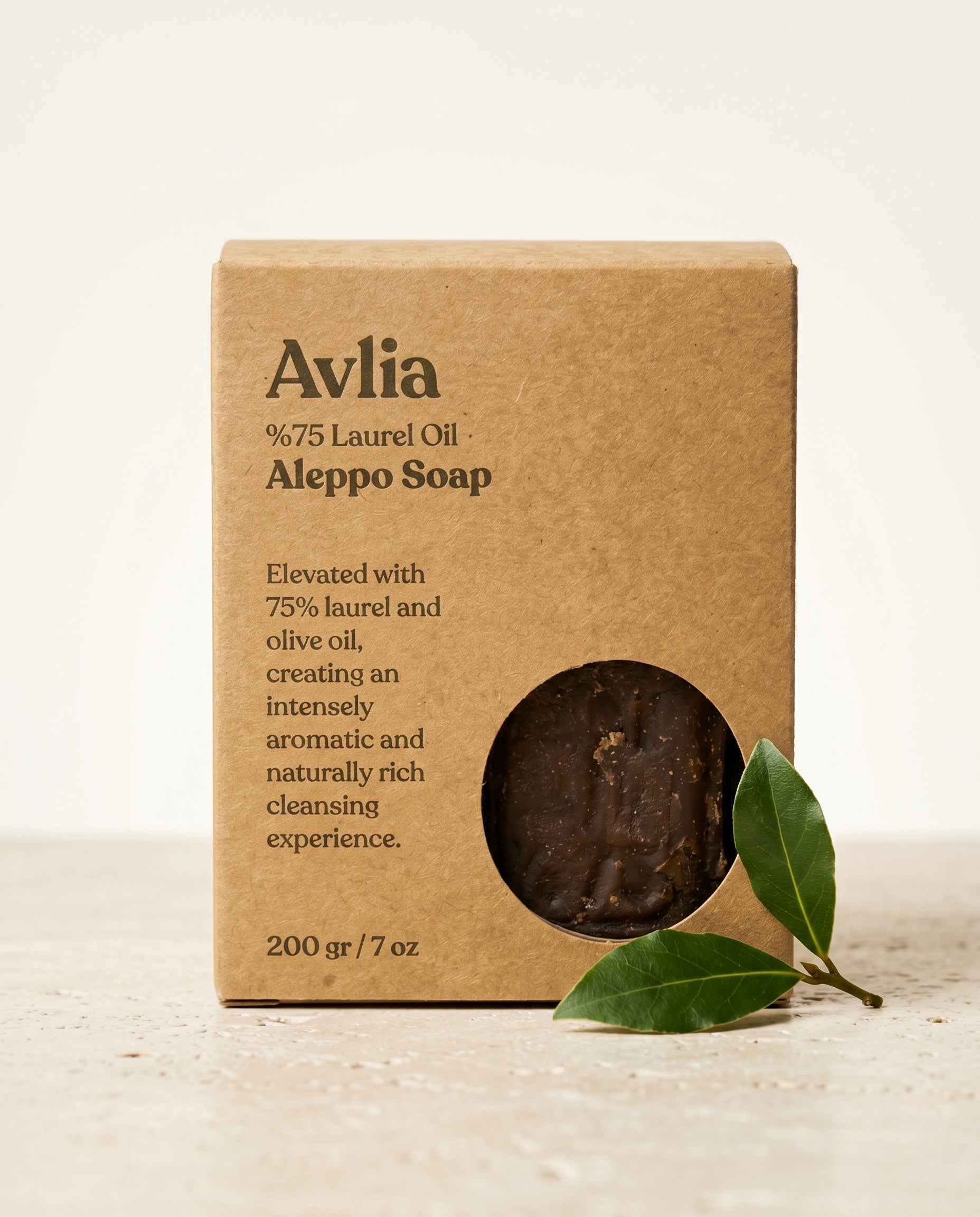 Avlia 75% Laurel Oil Aleppo Soap kraft paper gift box with circular window and bay laurel sprig, eco-friendly zero waste natural soap packaging