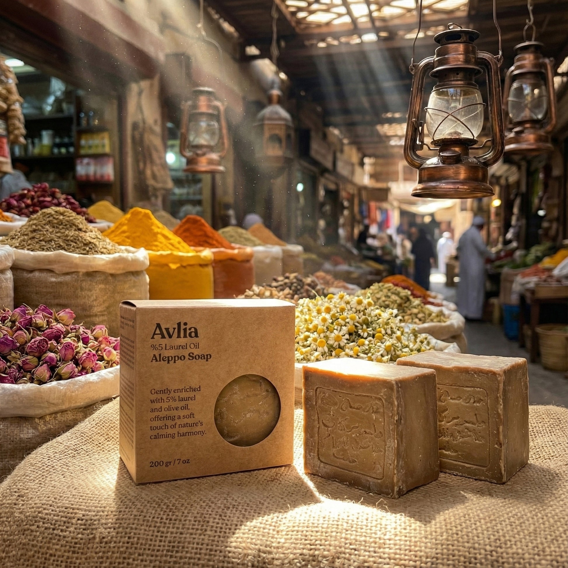 Avlia Aleppo Soap Box and Two Bars in a Sunlit Spice Market