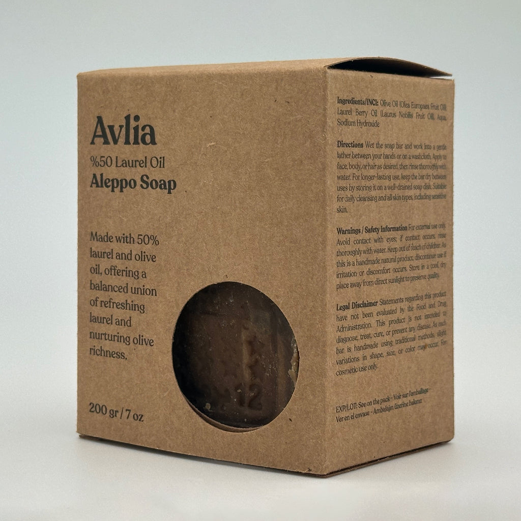 Avlia Aleppo Soap Packaging Showing Ingredients and Usage Directions - Side View
