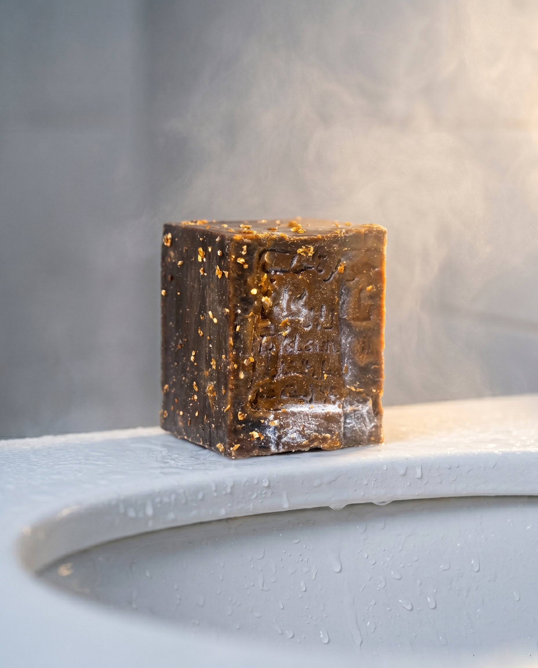 Avlia Aleppo Soap bar on bathroom sink edge with water mist and steam atmosphere, 75% laurel oil natural handmade soap, spa self-care setting
