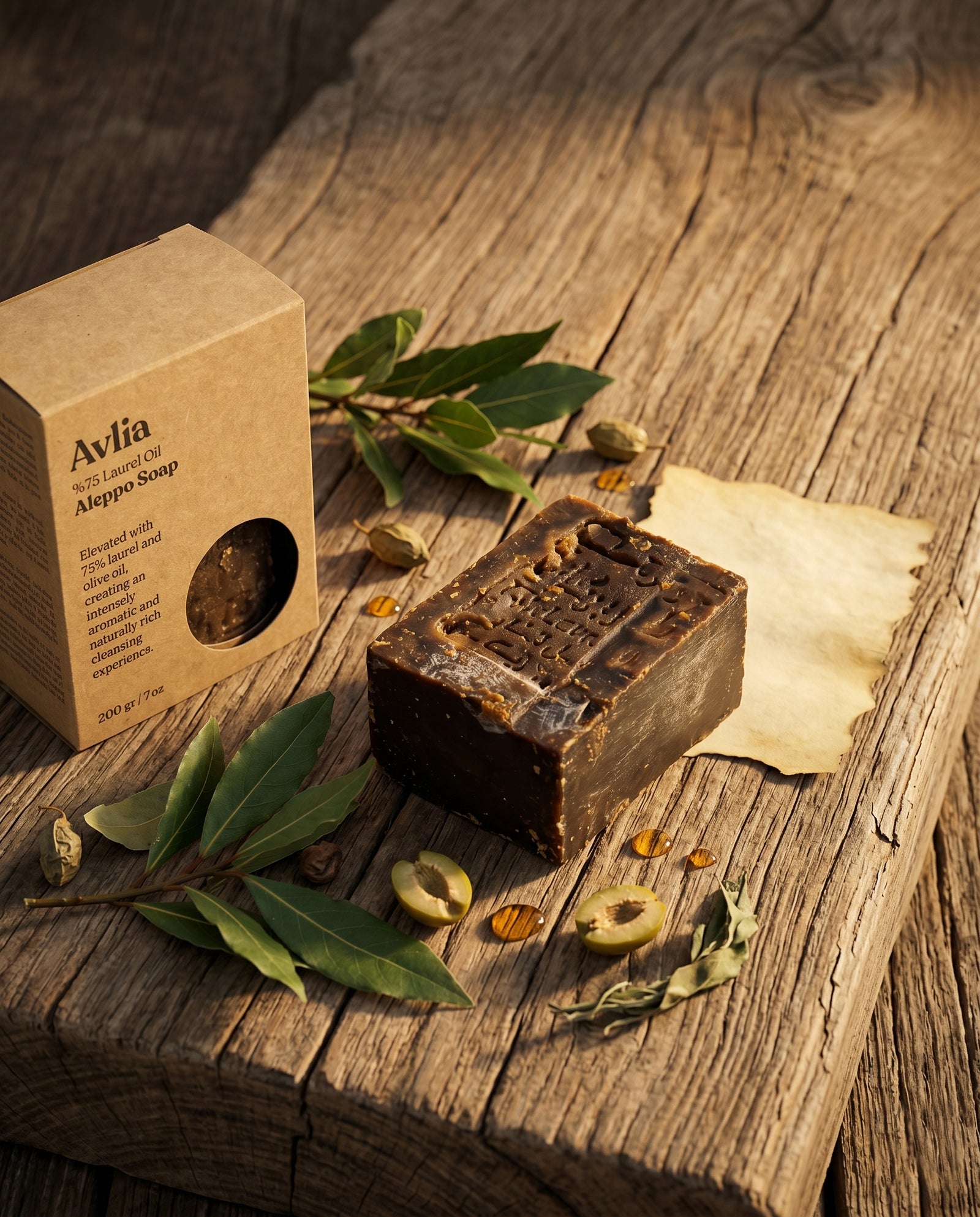 Avlia Aleppo Soap heritage flat lay with kraft box, bay laurel berries and olive leaves on aged wood