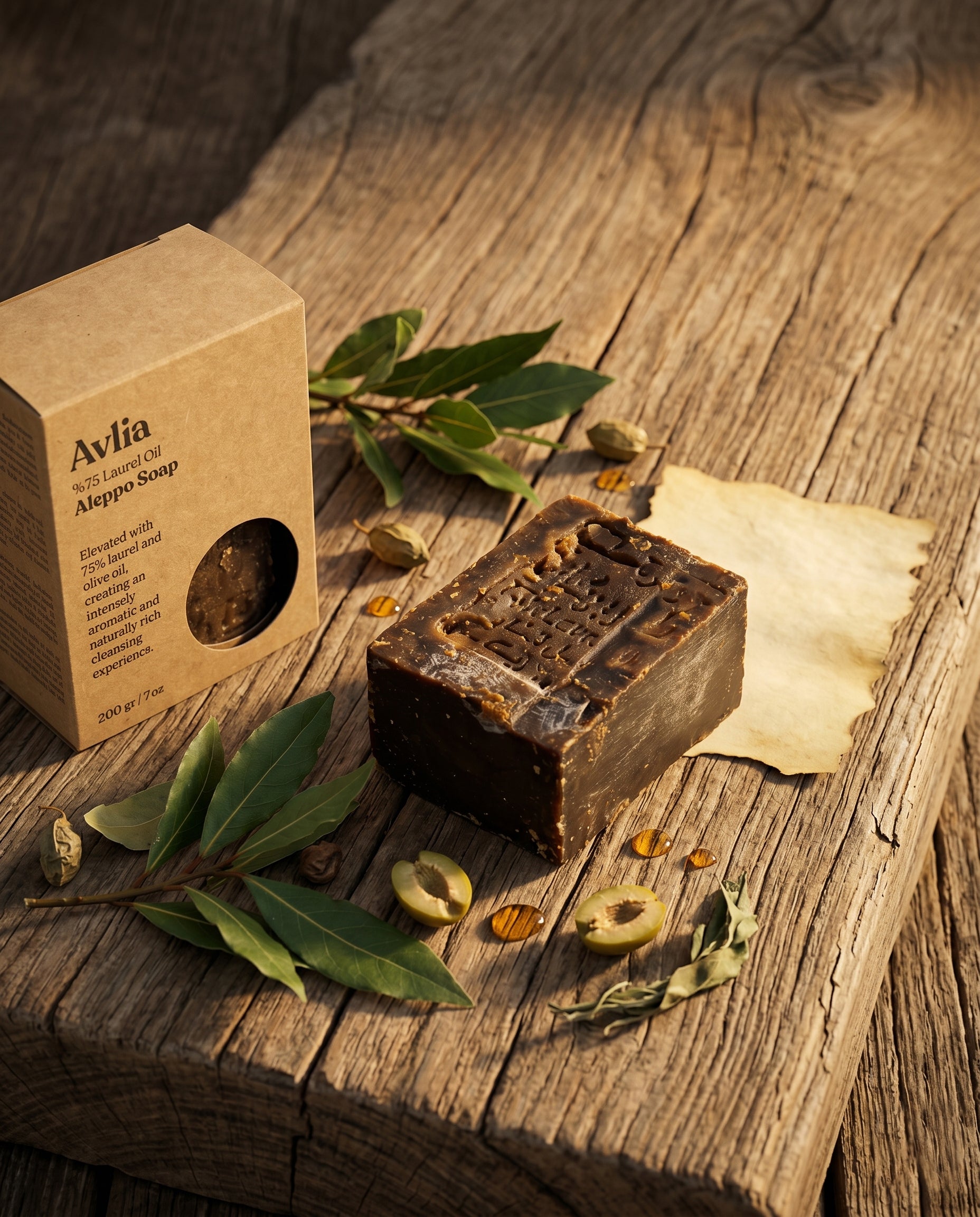 Avlia Aleppo Soap heritage flat lay with kraft box, bay laurel berries and olive leaves on aged wood, Syrian craftsmen tradition storytelling image