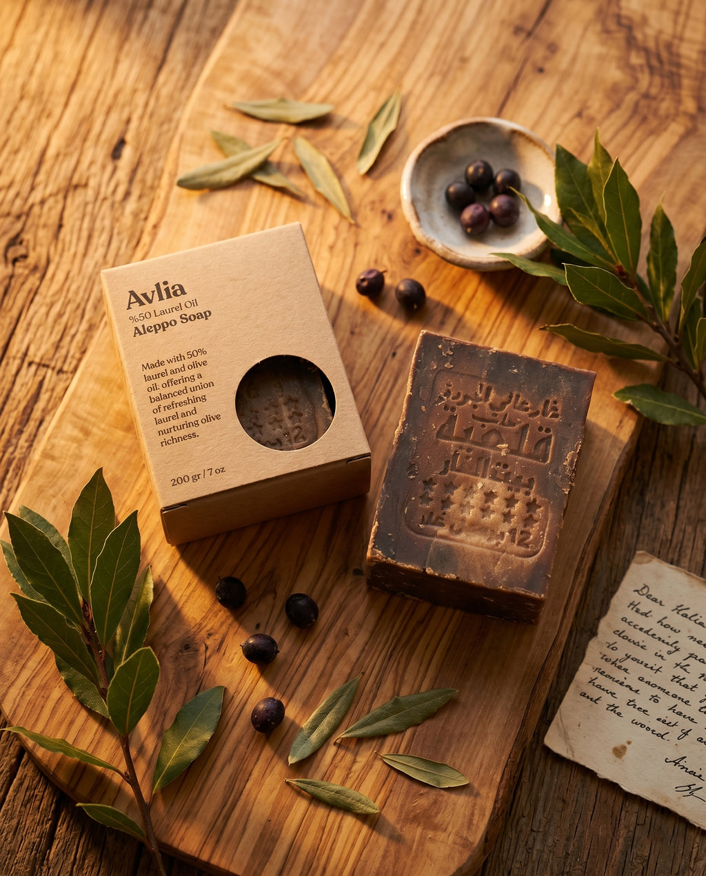 Avlia Aleppo Soap heritage flat lay with kraft box, bay laurel berries and olive leaves on aged wood, Syrian craftsmen tradition storytelling image