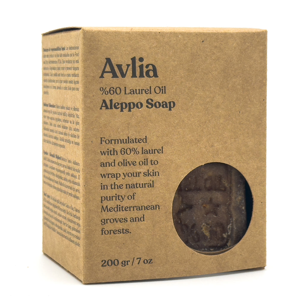 Avlia Aleppo soap box angled view displaying side panel with safety warnings and legal disclaimer.