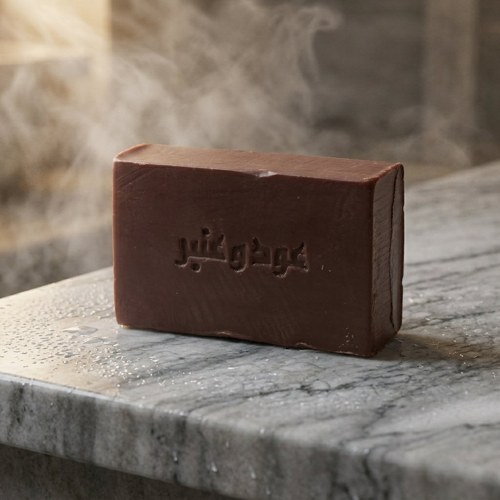 Avlia Oud & Anbar oriental soap on steamy hammam marble with water droplets — traditional Turkish bath ritual with oud and amber perfume