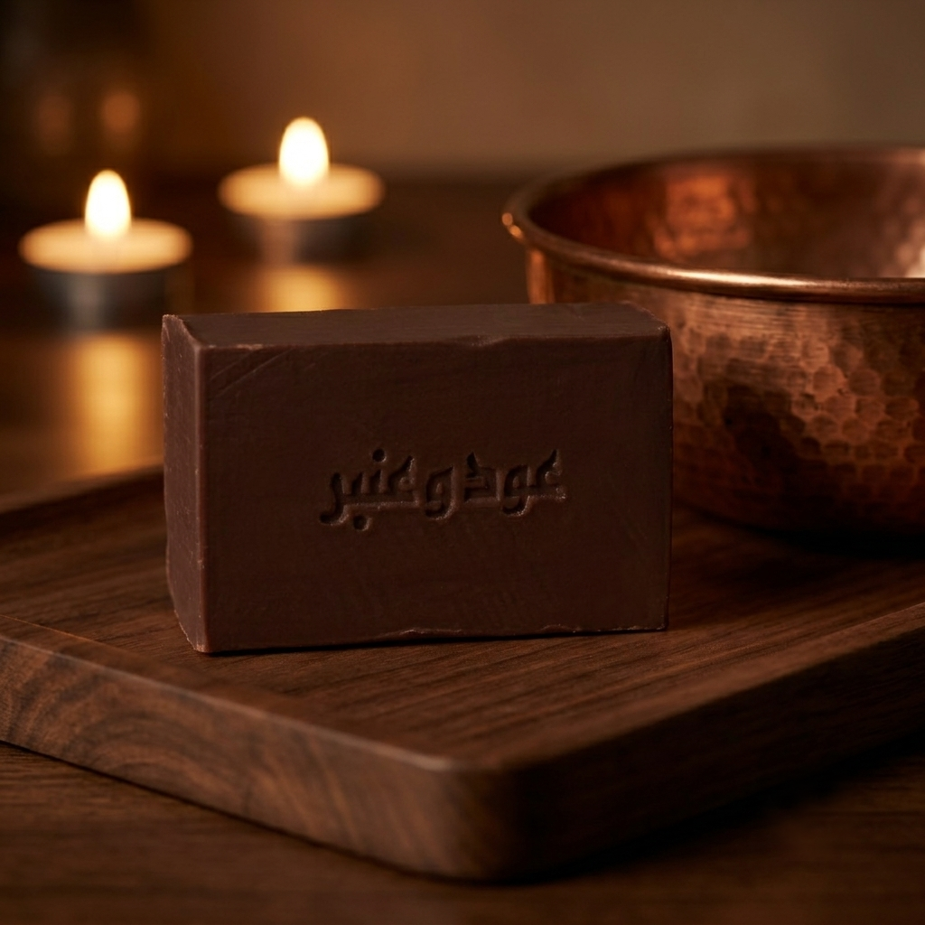 Avlia Oud & Anbar soap bar with Arabic stamp on a walnut tray beside a hammered copper hammam bowl in warm candlelight — oriental scented soap