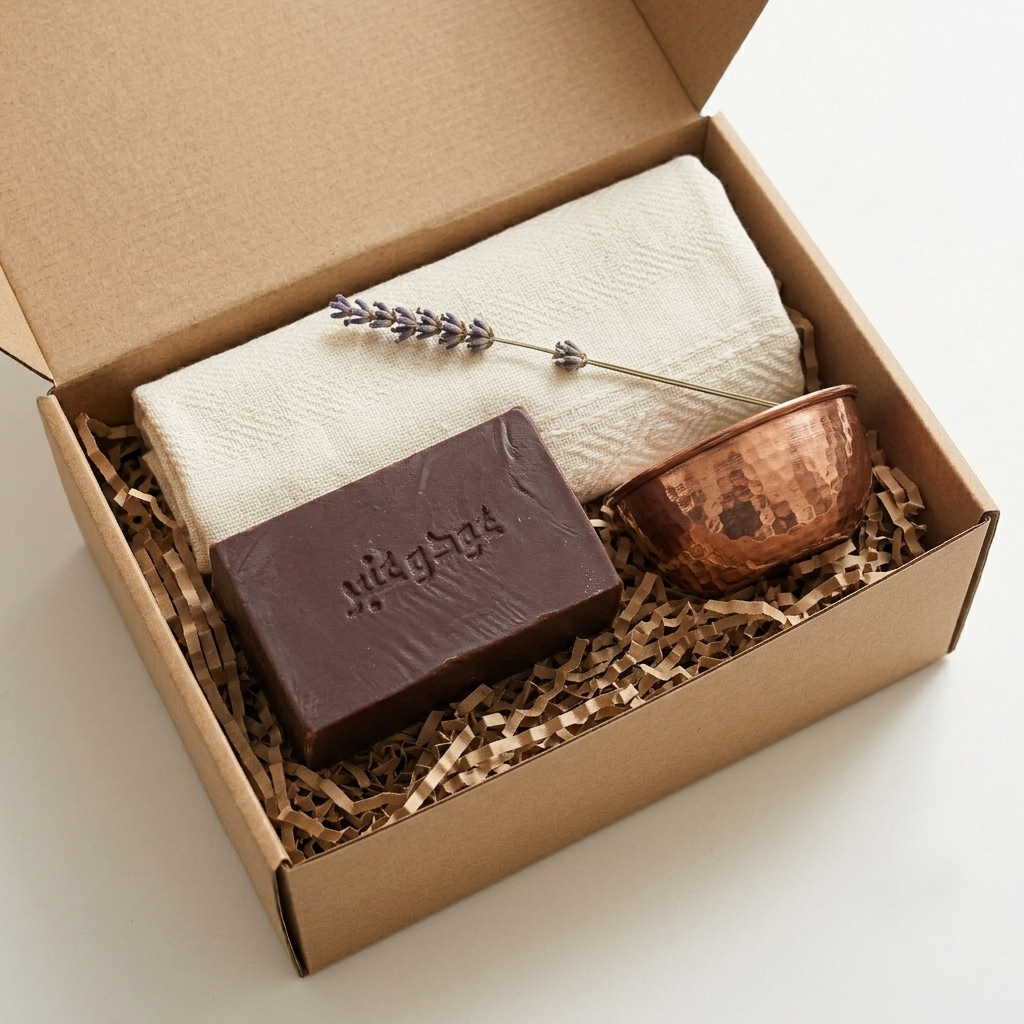 Avlia Oud & Anbar soap in a kraft gift box with peshtemal towel and copper hammam bowl — oriental artisan gift set for bath lovers