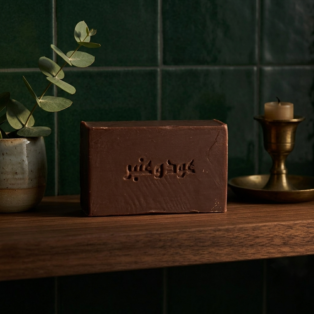 Avlia Oud & Anbar soap on a dark wood shelf against green tiles in warm evening light — moody oriental bathroom styling