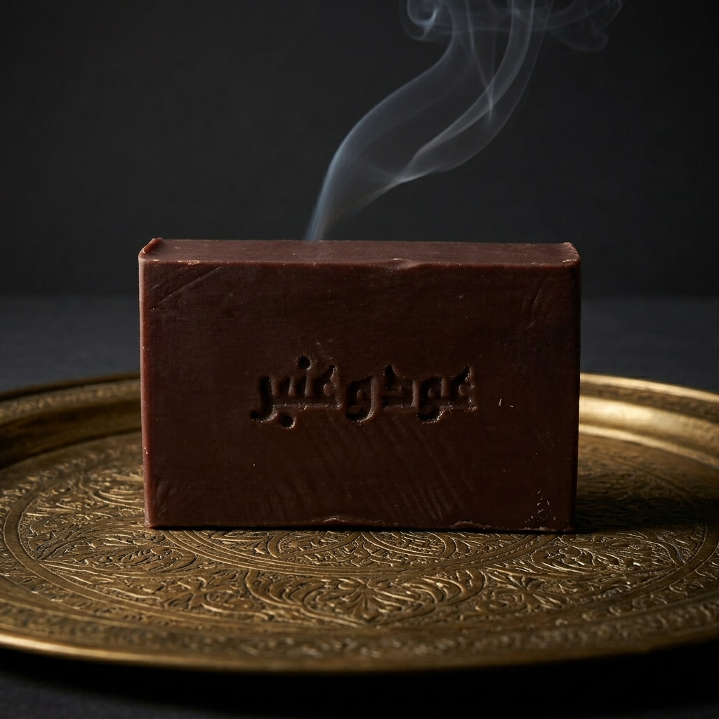 Avlia Oud & Anbar soap on an antique brass tray with a wisp of incense smoke — deep woody oud and amber perfumed soap bar