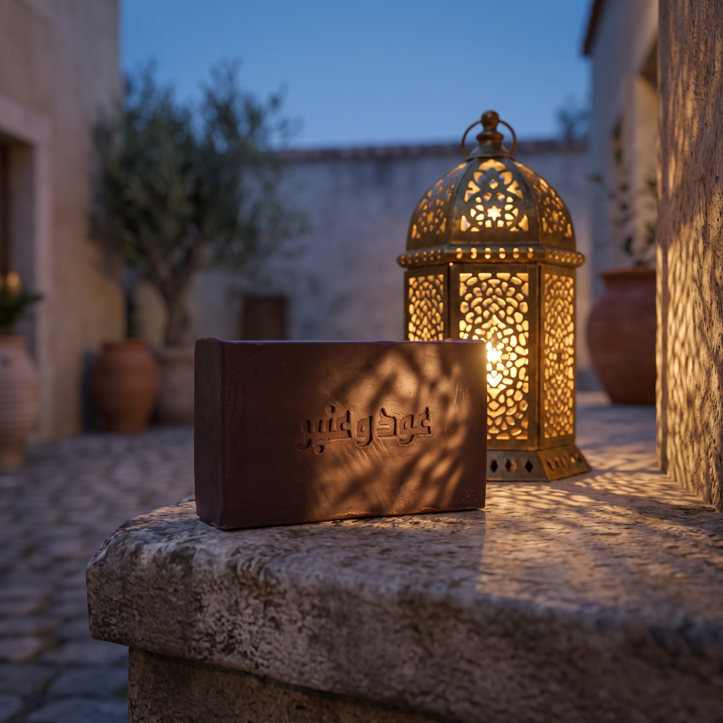 Avlia Oud & Anbar soap on a stone ledge beside a glowing Ottoman lantern at dusk — oriental soap with a Mediterranean evening mood