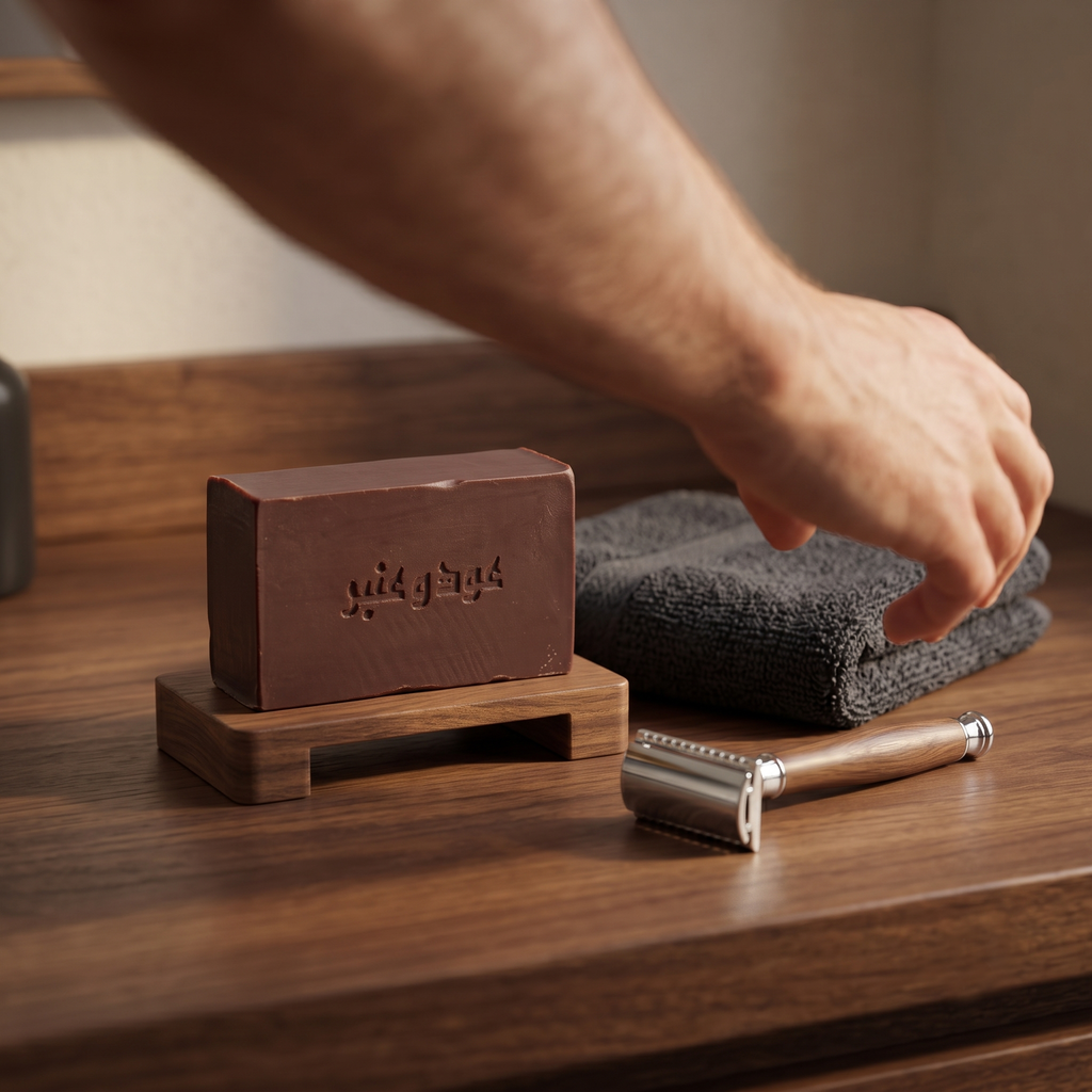 Avlia Oud & Anbar soap on a wooden stand in a men's grooming setup with towel and razor — warm woody scented soap for men