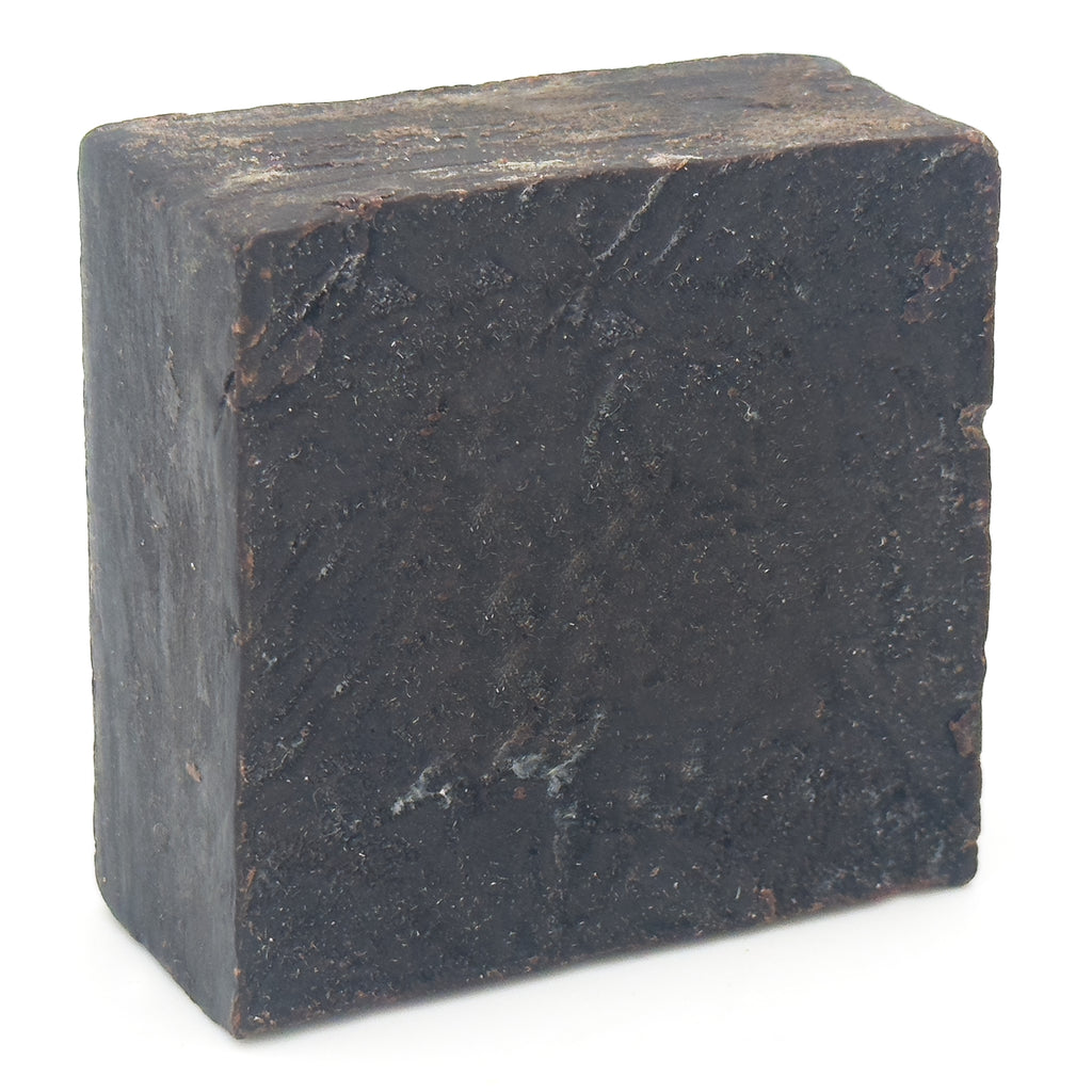 Avlia Pine, Juniper Tar & Sulfur Soap Bar — left-angled view of the dense hand-cut block with pale mineral flecks, traditional Turkish sulfur soap