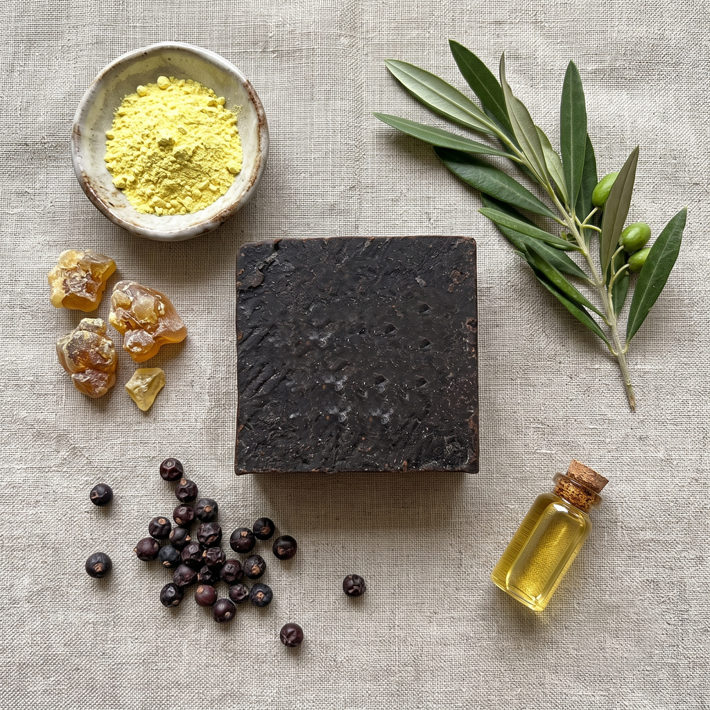 Avlia Pine, Juniper Tar & Sulfur Soap Bar flat lay with sulfur powder, pine resin and juniper berries — natural soap with 8 ingredients