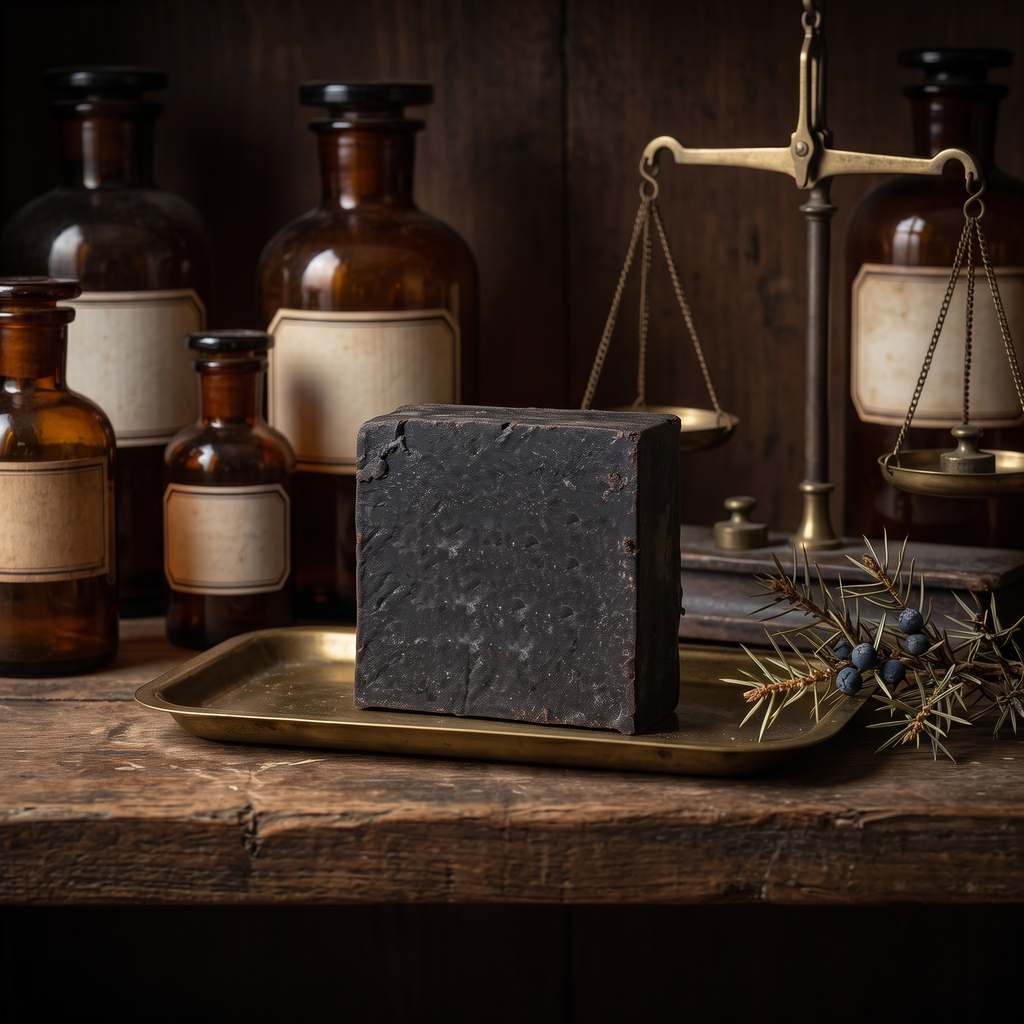 Avlia Pine, Juniper Tar & Sulfur Soap Bar in a dark apothecary setting with amber bottles — heritage-style natural sulfur soap