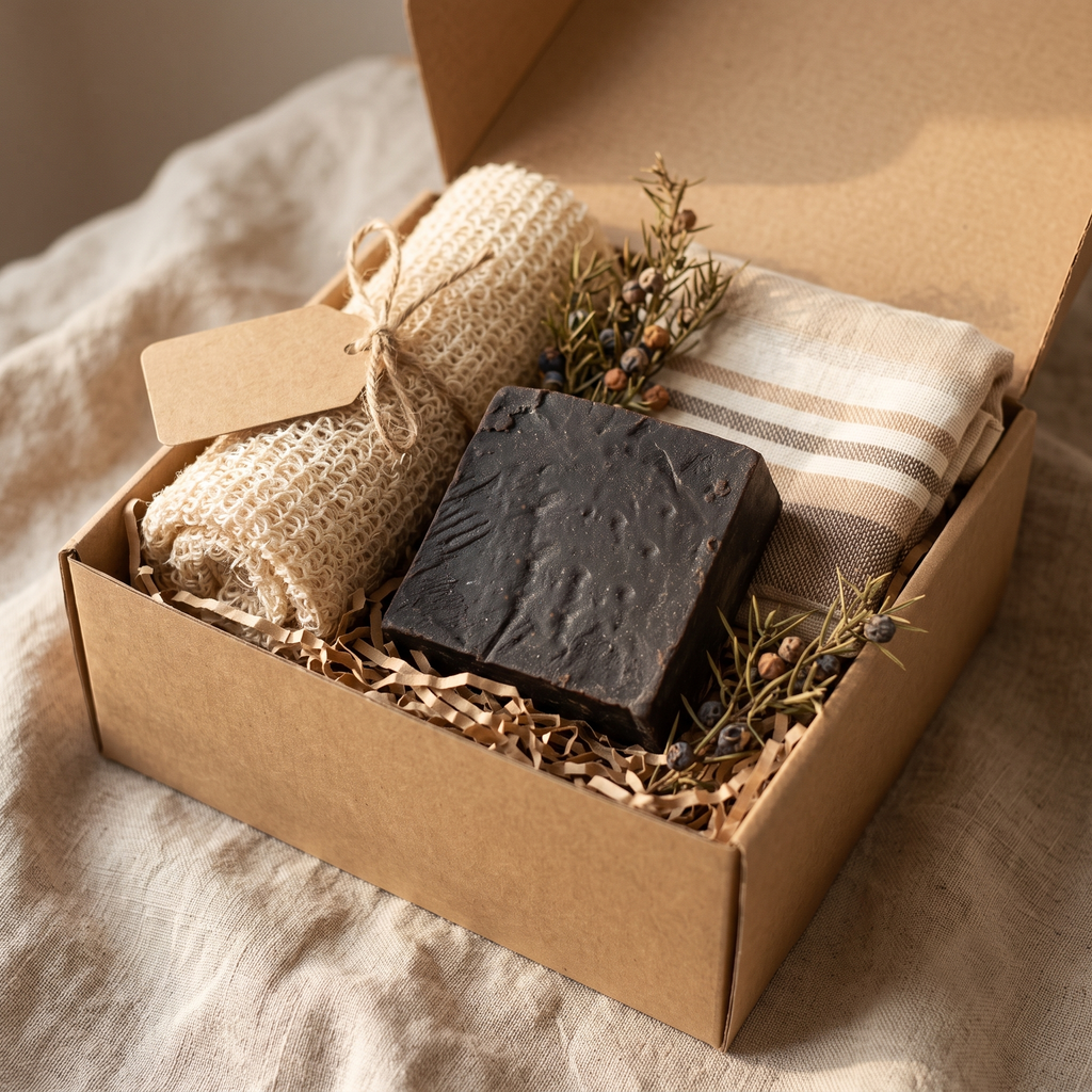 Avlia Pine, Juniper Tar & Sulfur Soap Bar in a kraft gift box with kese mitt and peshtemal — traditional Turkish bath gift set idea